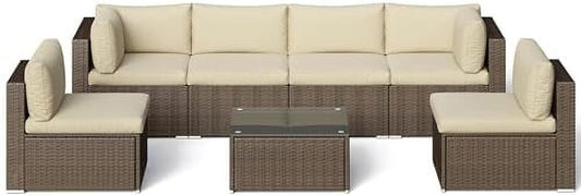 Mayincolor 7 Piece Patio Furniture Sets All Weather Gery PE Wicker Couch Sofa with Glass Table, Removable Navy Cushions