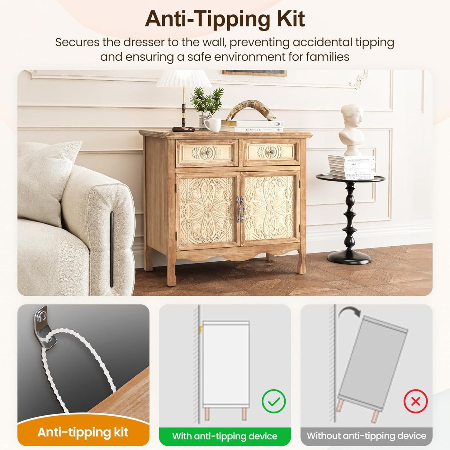 RoyalCraft Storage Cabinet with Drawers and Doors, Kitchen Sideboard Cabinet, Accent Buffet Server Cabinet, Wood Cabinet Organizer for Hallway, Dining Room, Living Room