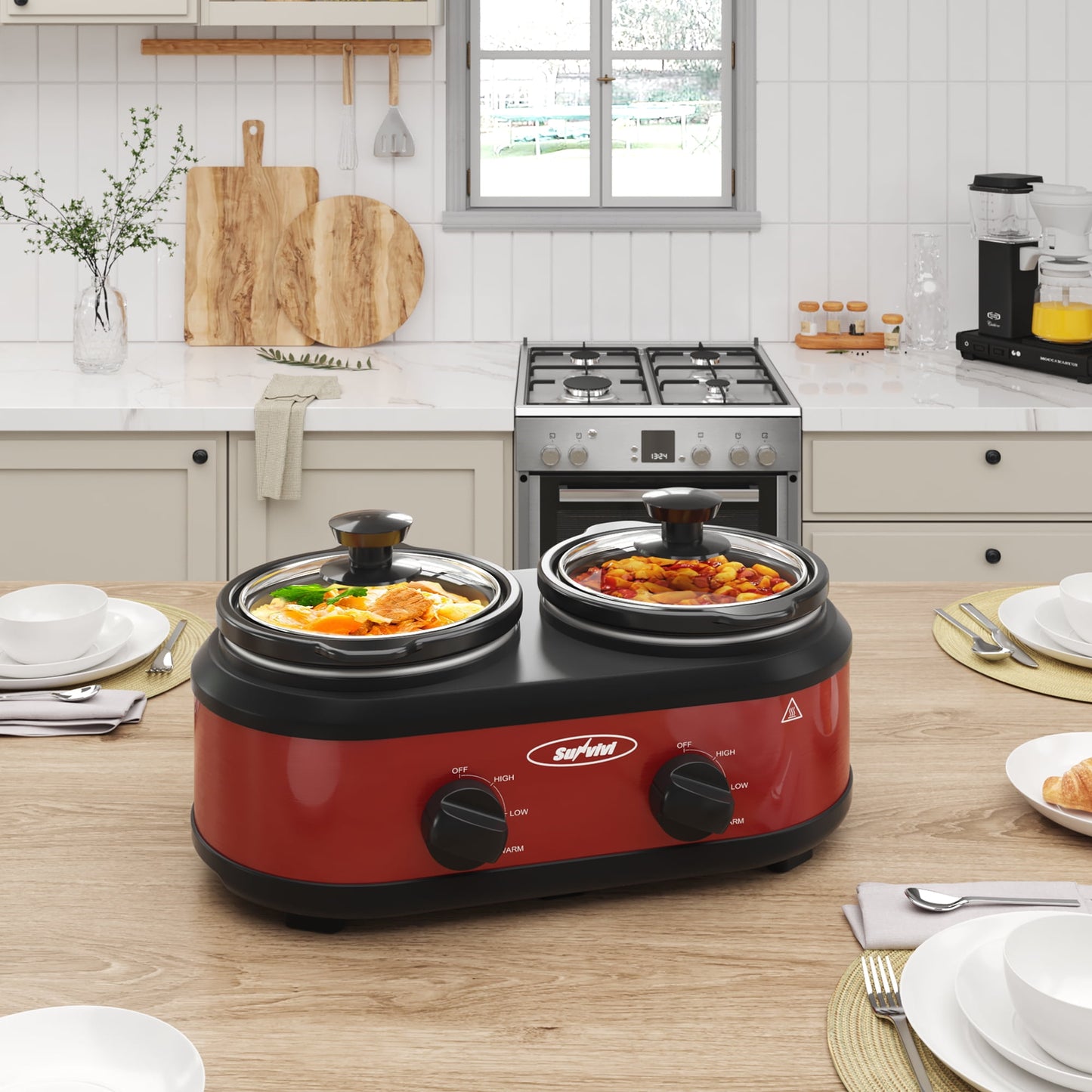 SUNVIVI Dual Pot Slow Cooker, 2 Pot Small Mini Crock Buffet Server and Warmer with Ceramic Pot, Adjustable Temp