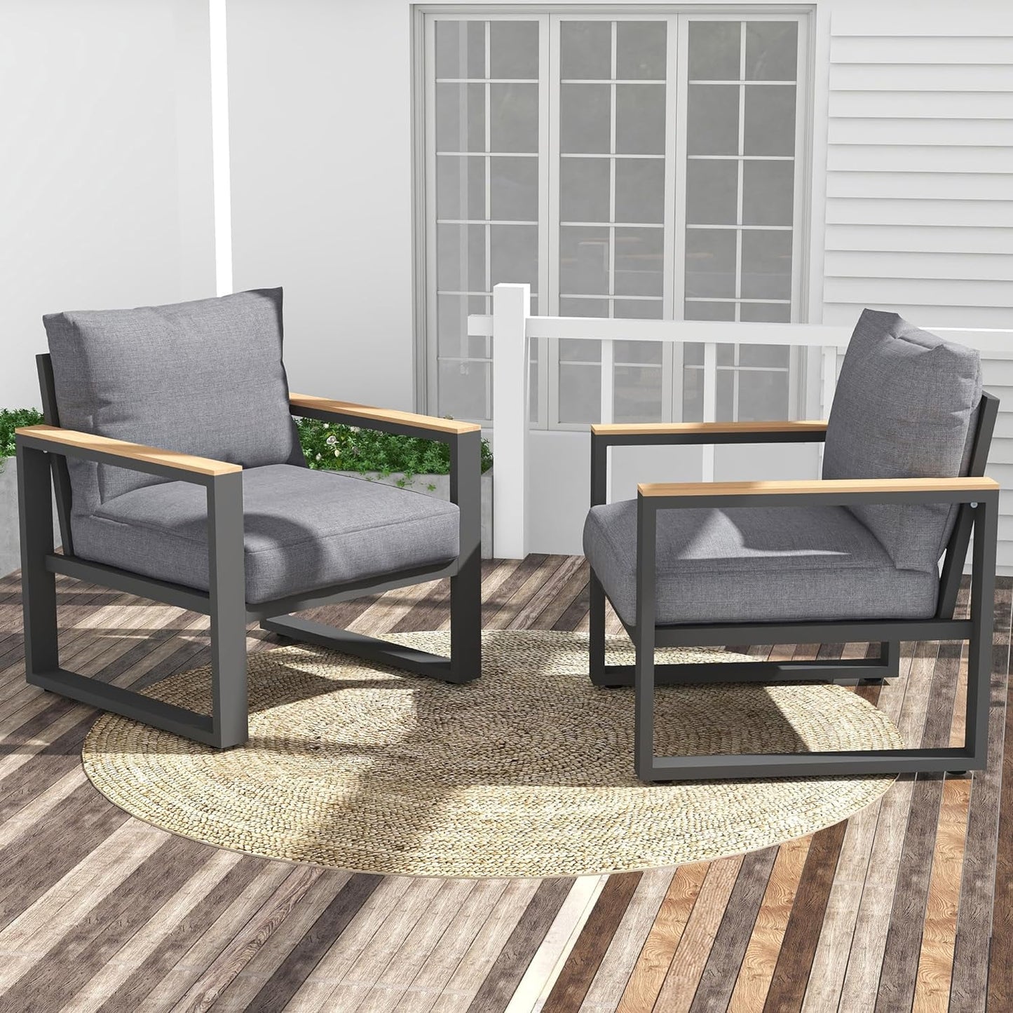 Royalcraft Aluminum Outdoor Armchair, 2 Pieces All-Weather Metal Patio Single Sofa, Patio Conversation Set for Porch Backyard Garden, Grey