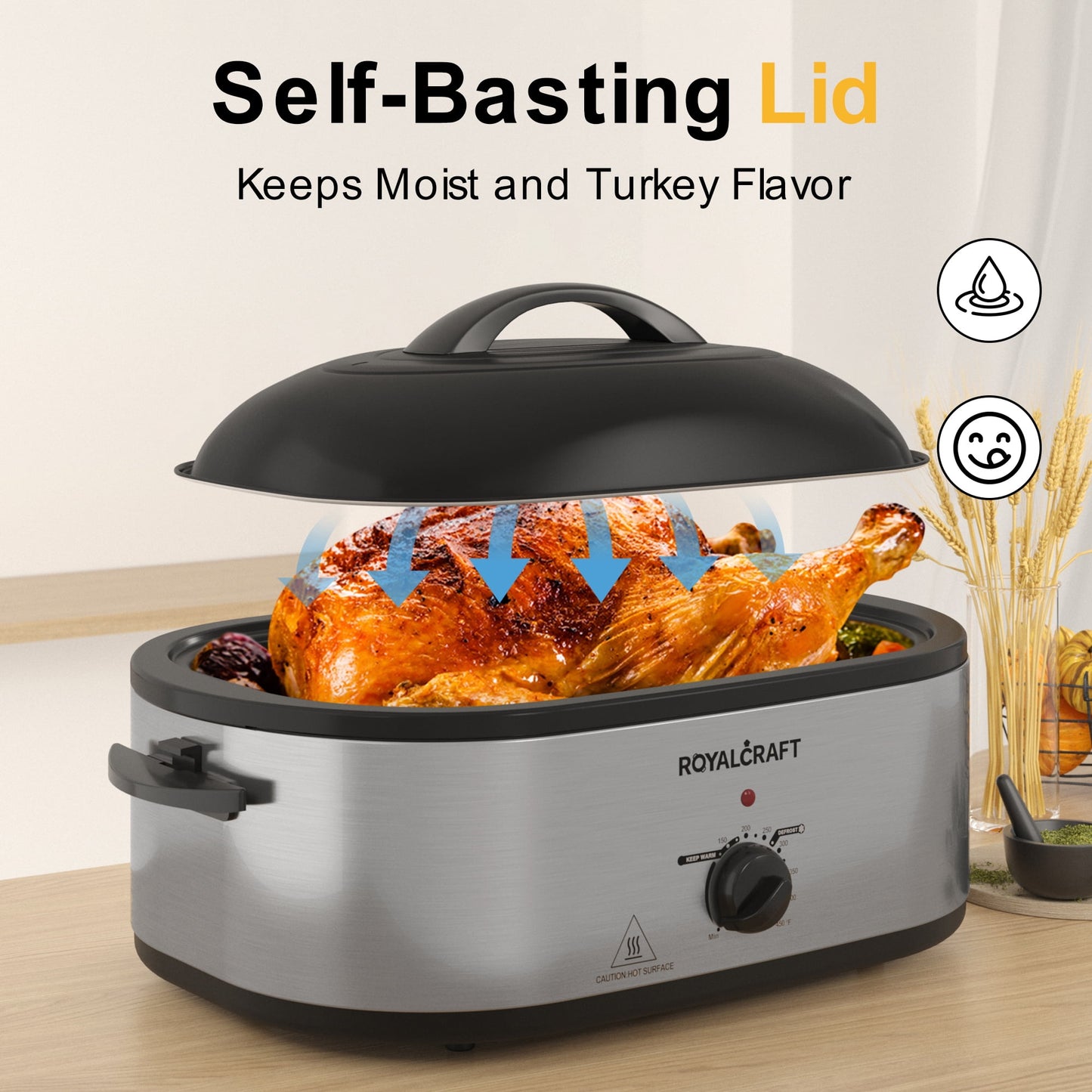 RoyalCraft 26 Quart Electric Turkey Roaster Oven with Visible Glass Lid, with Removable Pan & Rack, Stainless Steel, White