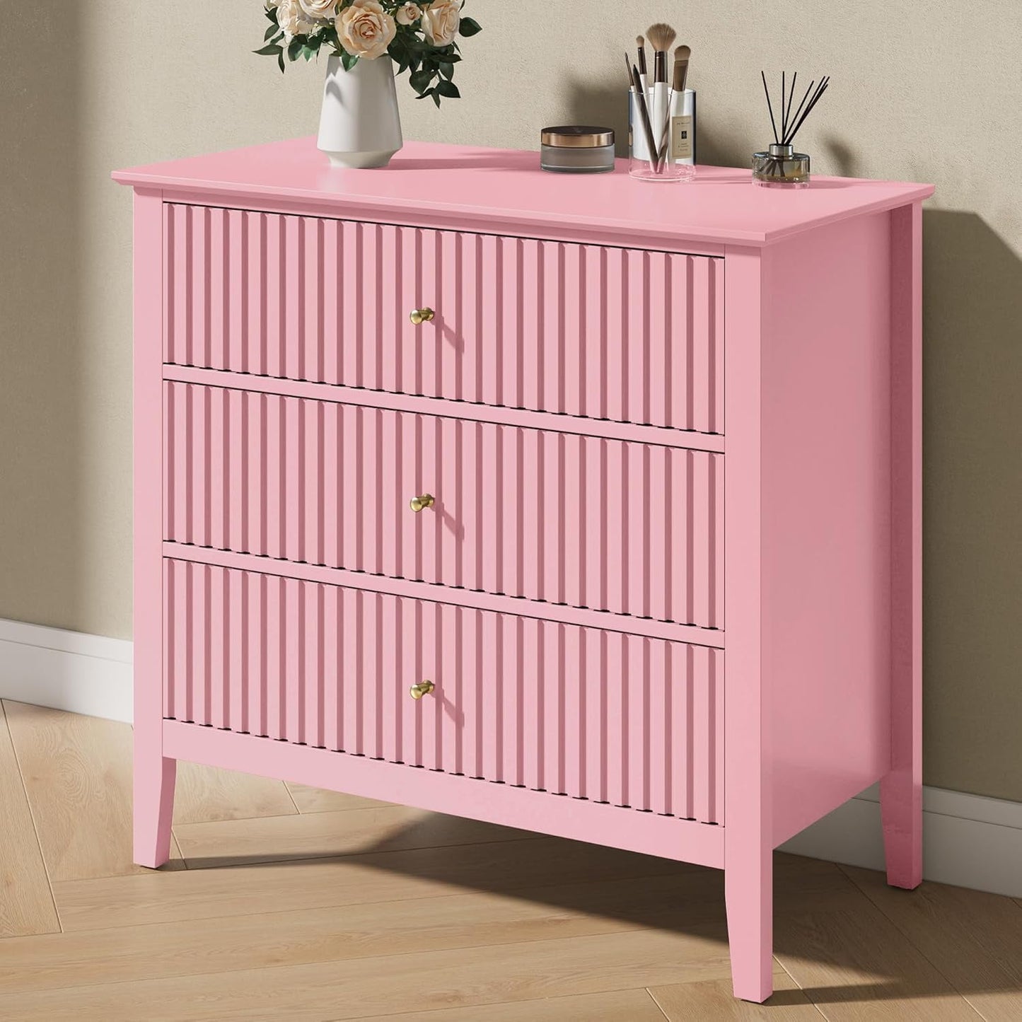 Mayincolor Fluted 32ch Wide Nightstand for Bedroom, Large Pink Nightstand with 3 Drawer, Modern End Table, Wood Beside Table for Home and Office
