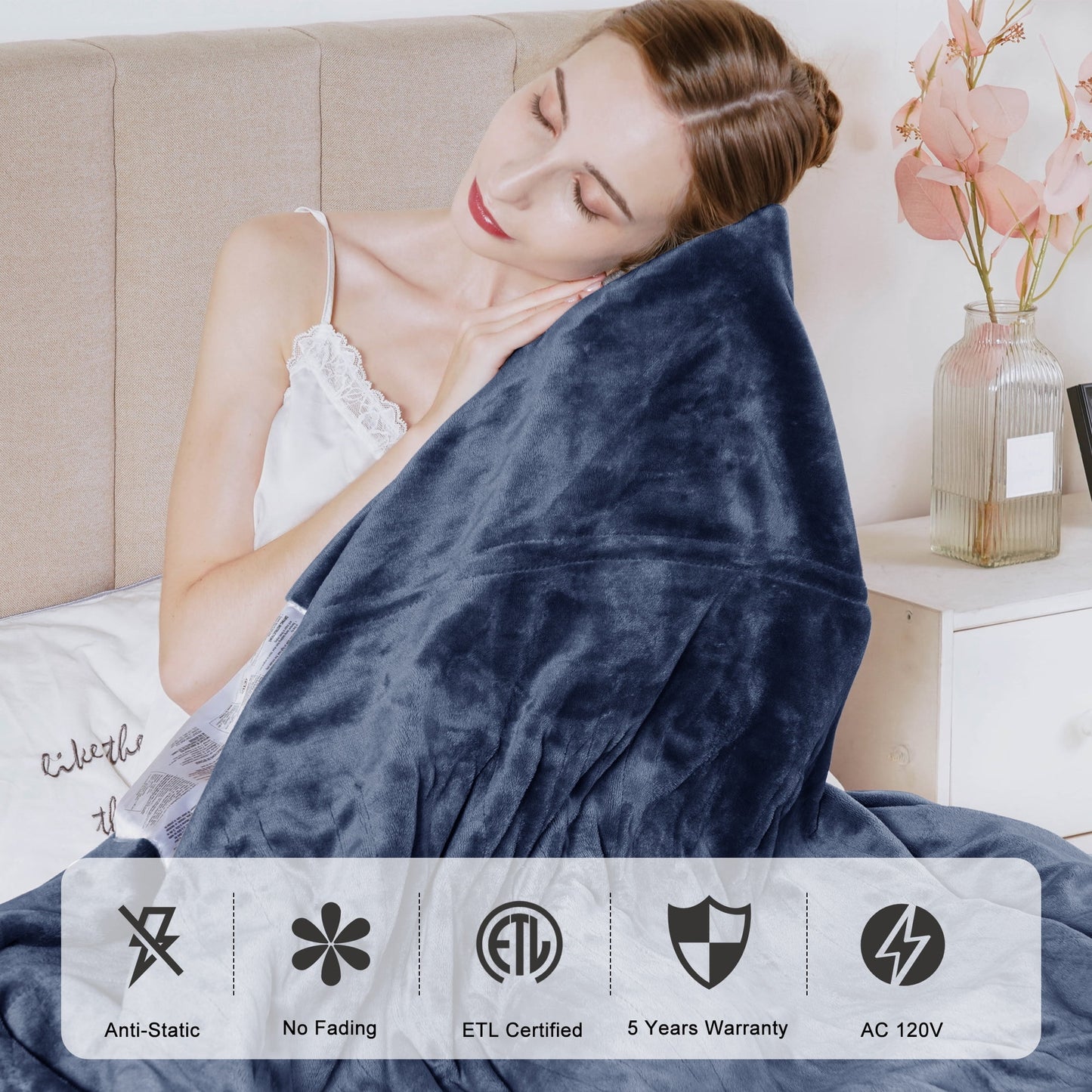 Royalcraft Electric Blanket Queen Size with Dual Controllers,10 Heating Levels& 12 Hours Auto-off, Blue