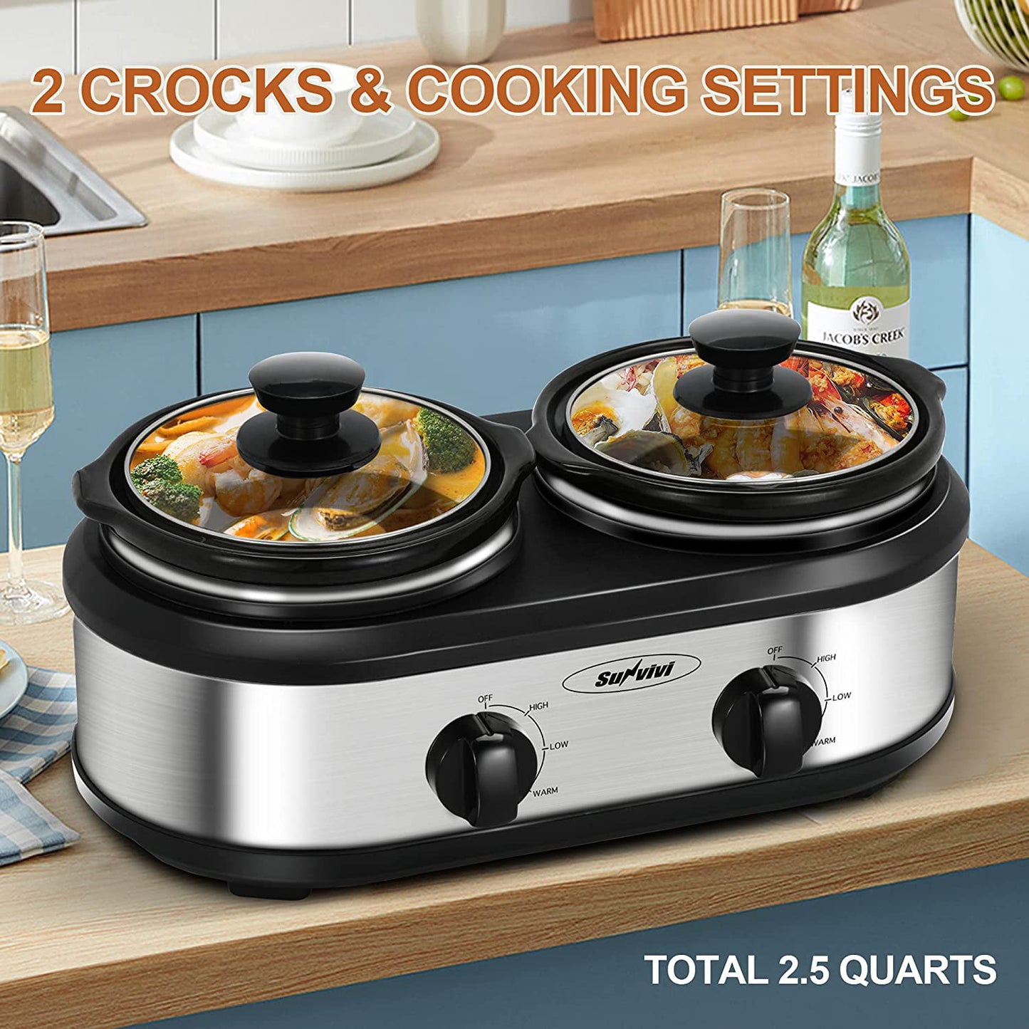 Royalcraft Double Slow Cooker, 2 Pot 1.25 Quart Oval Crock Food Warmer Buffet Server, Stainless Steel