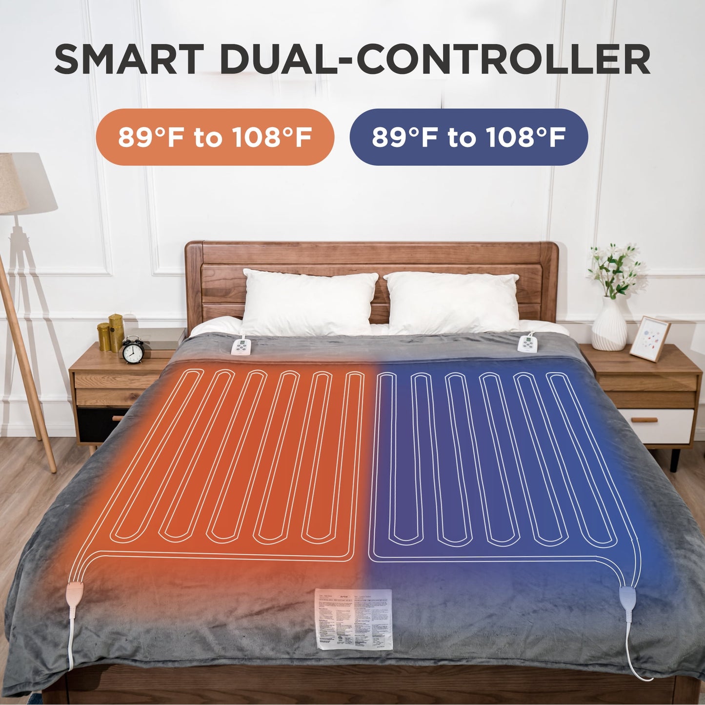Royalcraft Electric Blanket Queen Size with Dual Controllers,10 Heating Levels& 12 Hours Auto-off, Blue