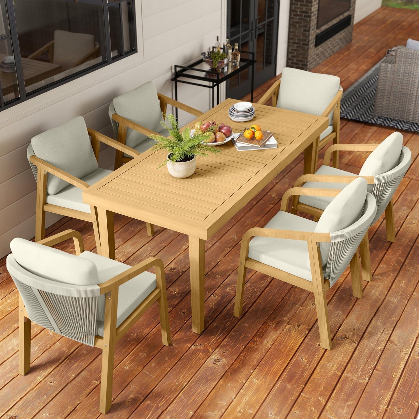 Heynemo Acacia Patio Dining Table, 6-Person Wood Picnic Table with Iron Leg, Outdoor Modern Dining Furniture for Backyard Lawn Garden Deck Indoor, Beige