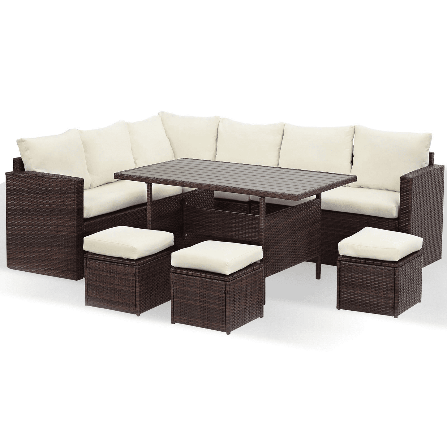 Royalcraft 7 Piece Patio Furniture Set, Wicker Sectional Sofa Dining Table with Ottoman, Ivory