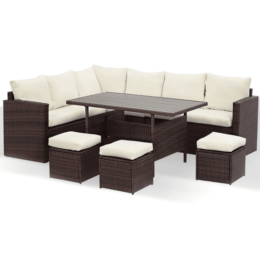 Royalcraft 7 Piece Patio Furniture Set, Wicker Sectional Sofa Dining Table with Ottoman, Ivory