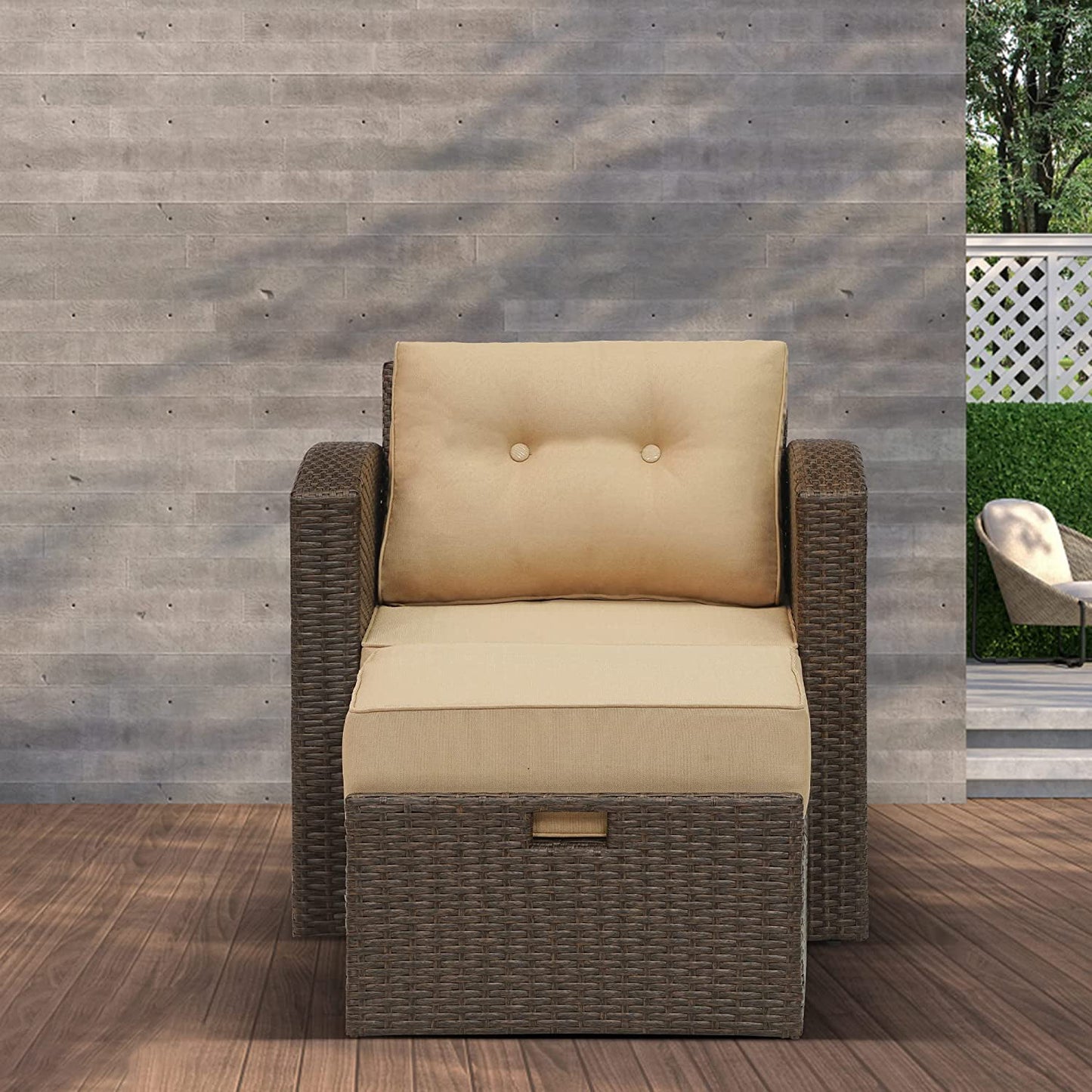 RoyalCraft Modular Collections Patio Sofa Chair with Ottoman, Outdoor Brown Rattan Lounger Sofa Chair Set with Seat and Back Cushions, Aluminum Frame