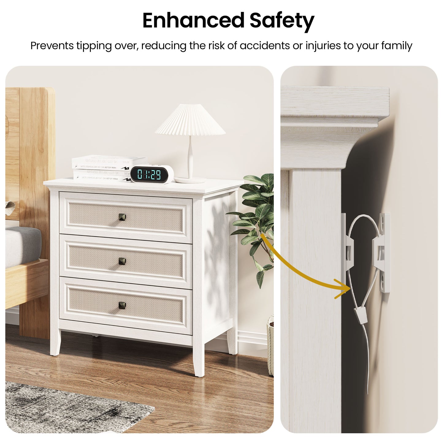 3 Drawer Dresser, Cane Nightstand with Rattan Decorated Drawers, Tall Bedside End Table for Bedroom, Living Room, Entryway