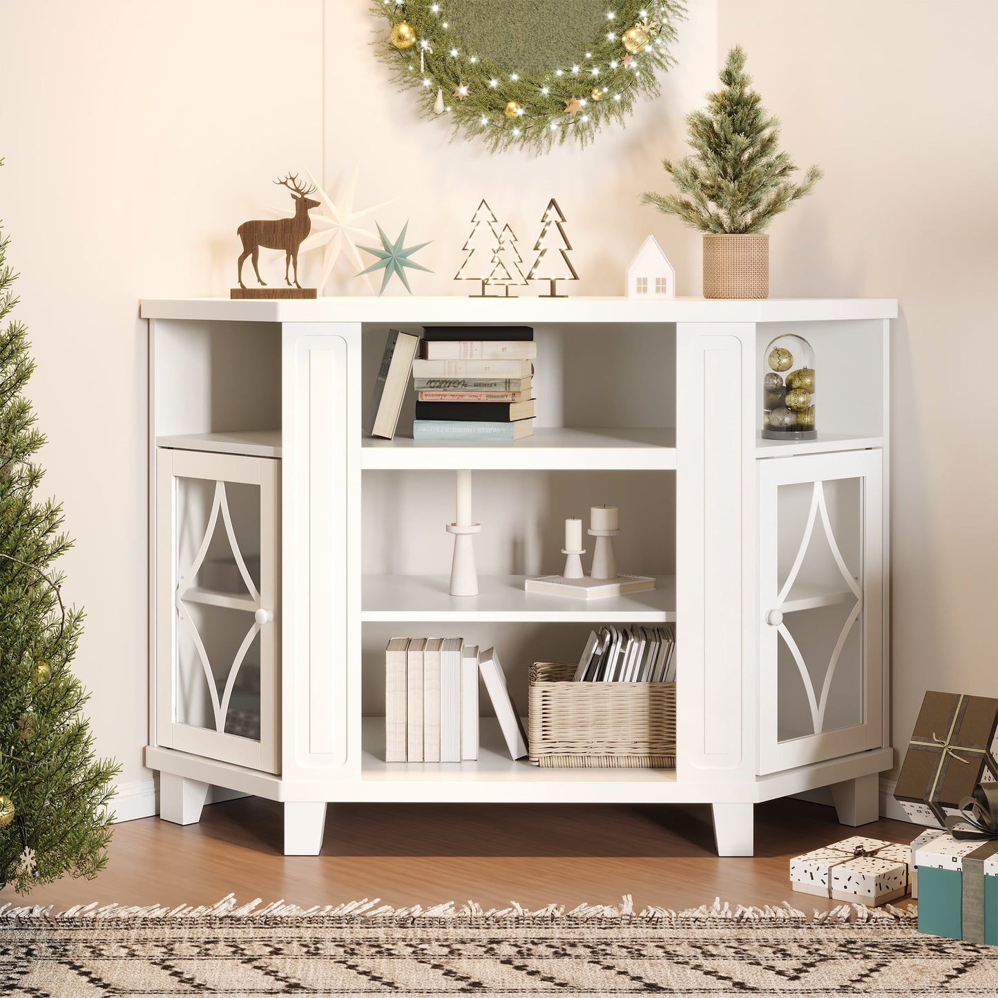 RoyalCraft Corner TV Stands for TVs up to 55'', Media Console Table with Adjustable Shelves, Acrylic Doors with Double-Diamond Design, Wood Modern Entertainment Center for Living Room Bedroom, White