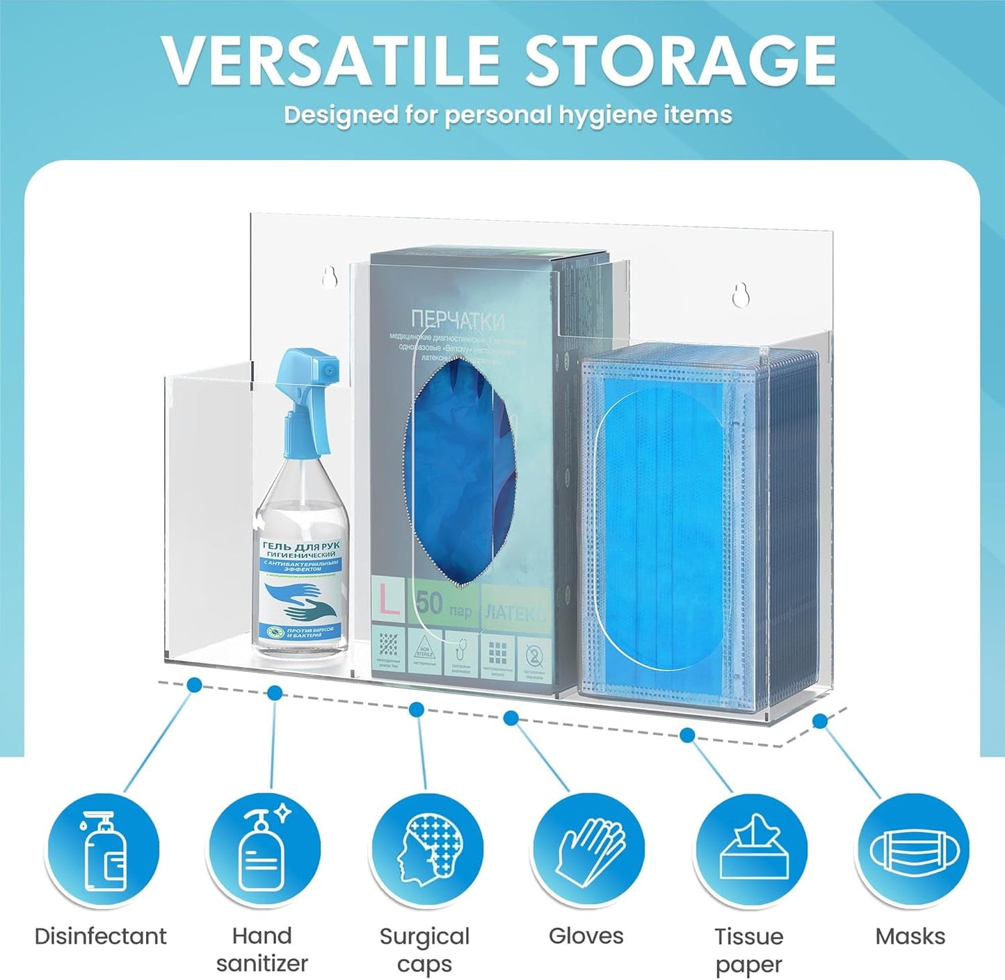 Heynemo Acrylic Hygiene Dispenser Sanitation Station with Three Compartment, Gloves Masks Hairnets Acrylic Box Holder, Wall Mount or Tabletop Acrylic Clear Storage Containers