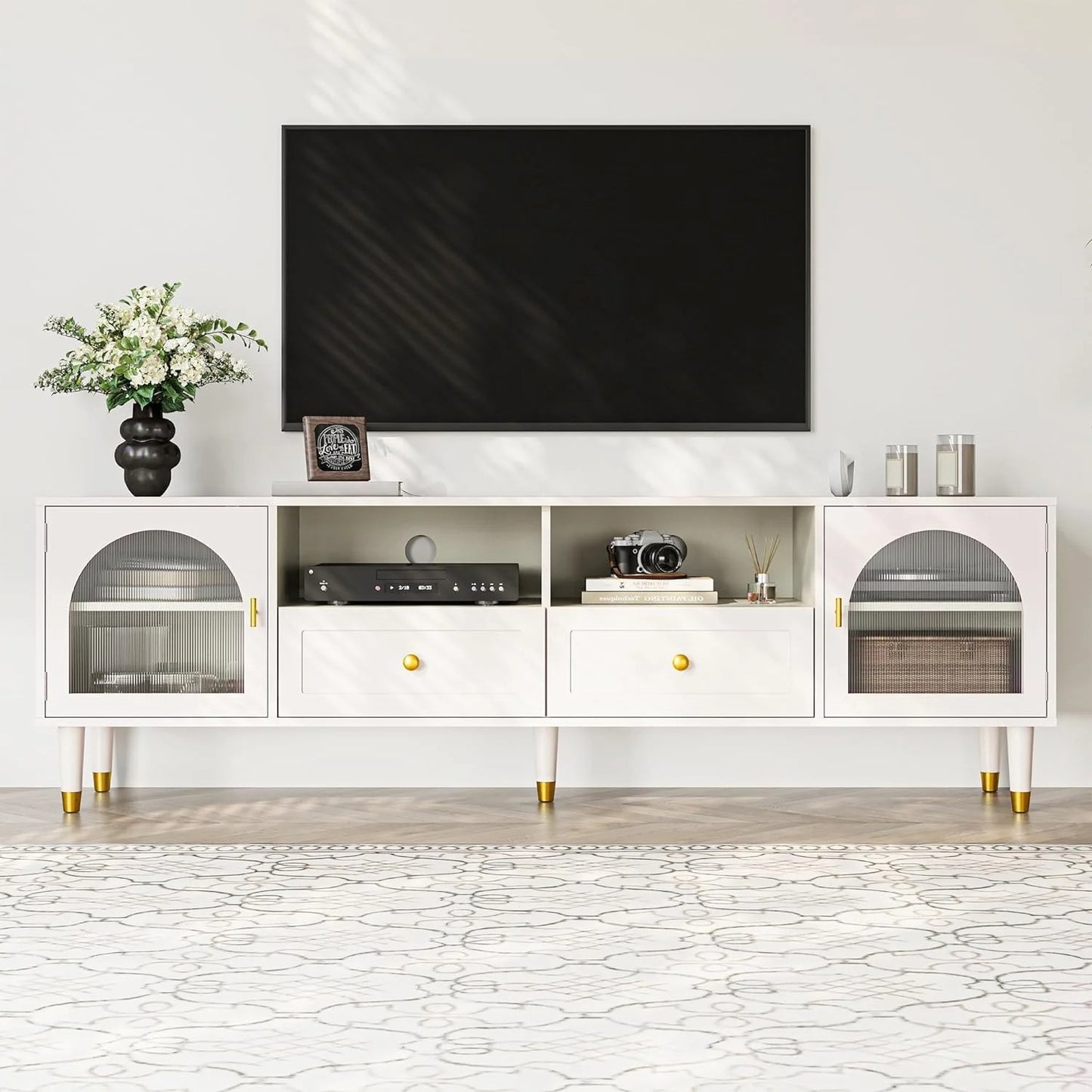 RoyalCraft Mid Century Modern TV Stand for 70 Inch TV, Entertainment Center with Acrylic Doors & Drawers, Wood TV Cabinet with Storage, TV Consoles for Living Room, Bedroom, White