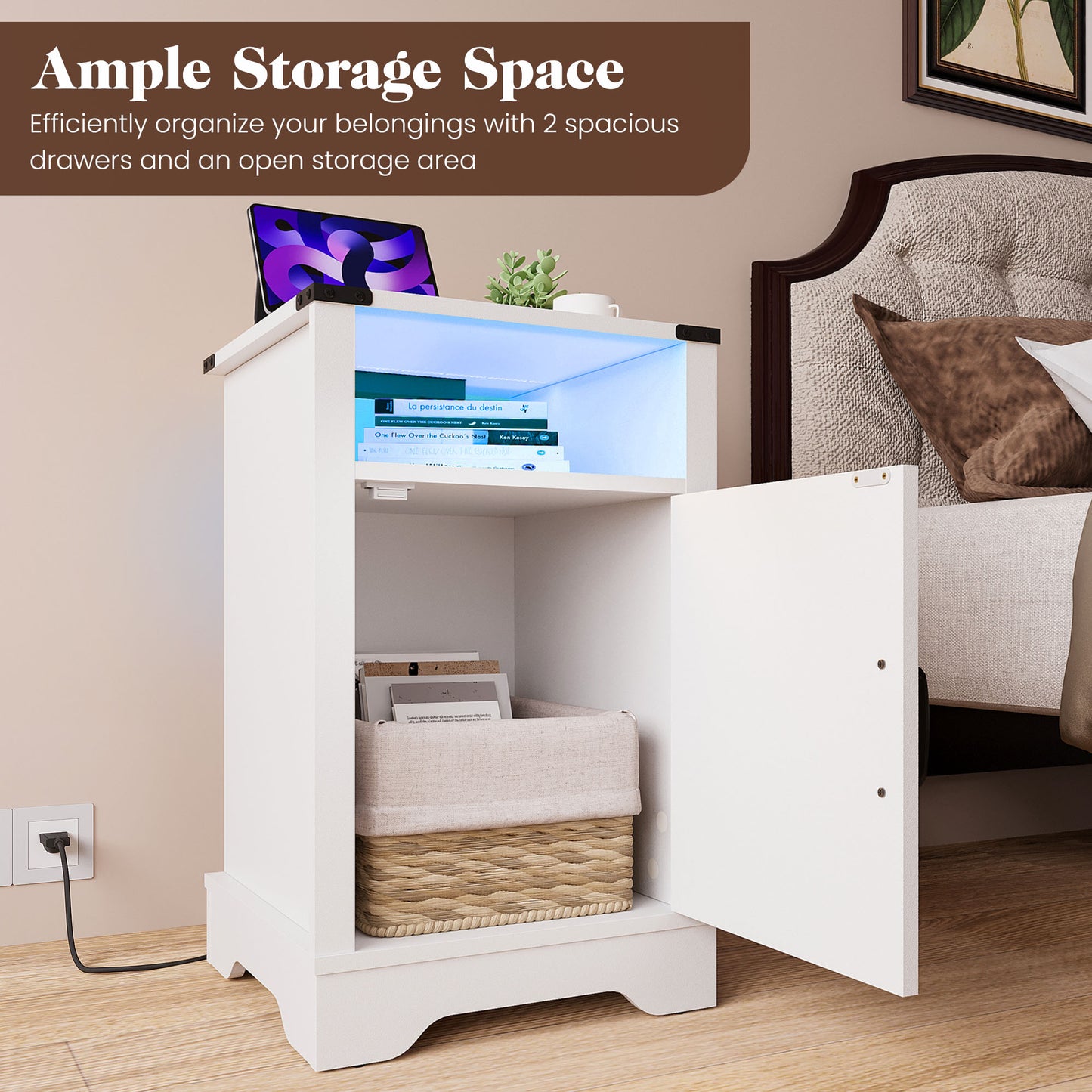 LED Nightstand Set of 2 with Charging Station, Farmhouse Wooden Side Table, Bedside Table with Storage Cabinet and Shelf, Rustic End Table for Bedroom, Living Room