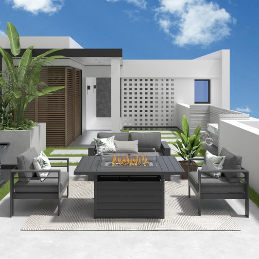RoyalCarft Aluminum Patio Furniture Set with Fire Pit Table, 4 Piece Metal Outdoor Furniture with Water-Resistant Cushions, Modern Patio Conversation Set for Balcony, Front Porch, and Backyard, Grey