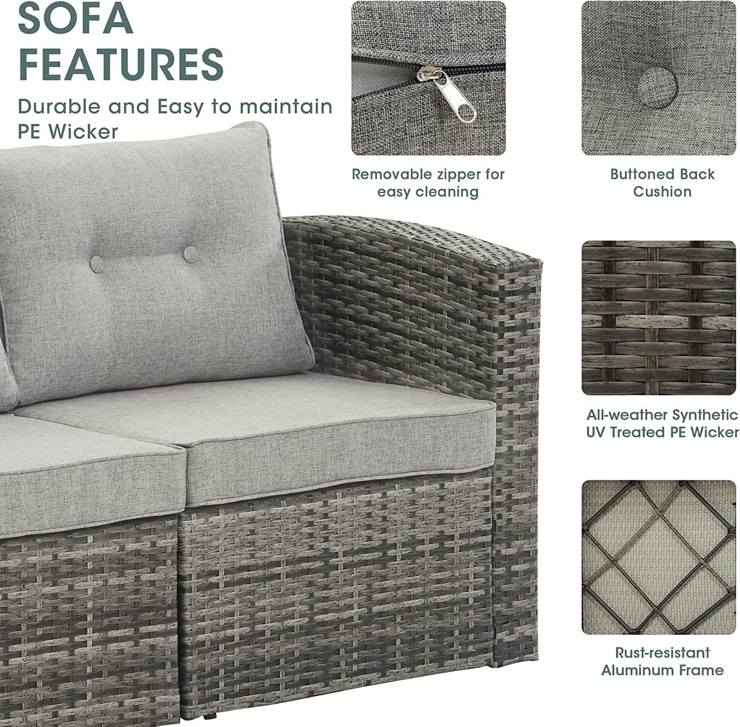 RoyalCraft Modular Collections Patio Sofa Chair with Ottoman, Outdoor Brown Rattan Lounger Sofa Chair Set with Seat and Back Cushions, Aluminum Frame