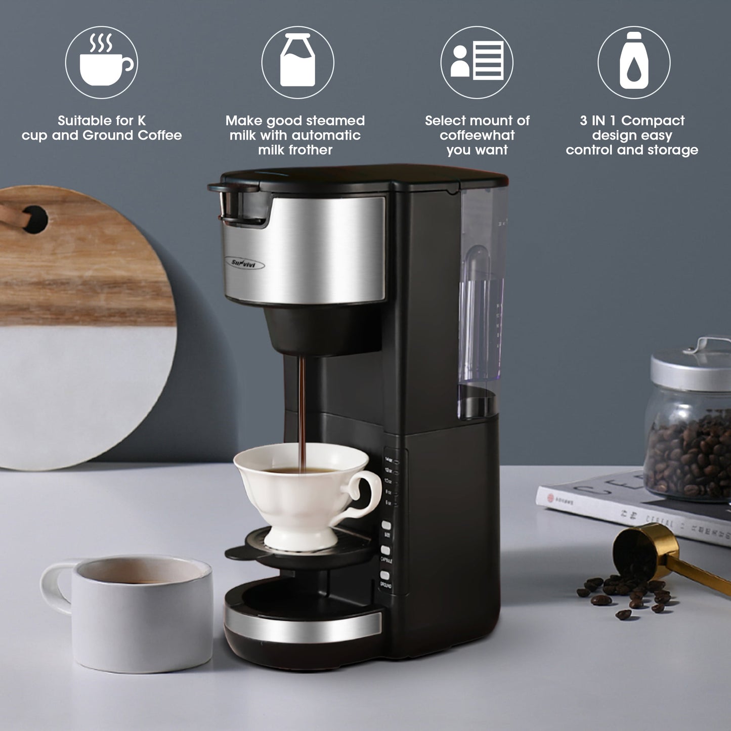 RoyalCraft Single Serve Coffee Maker For Single Cup Pod & Coffee Ground, Stainless SteelRemovable Reservoir, Compact Coffee Machine Brewer with 6 to 14 oz. Brew Sizes, Black
