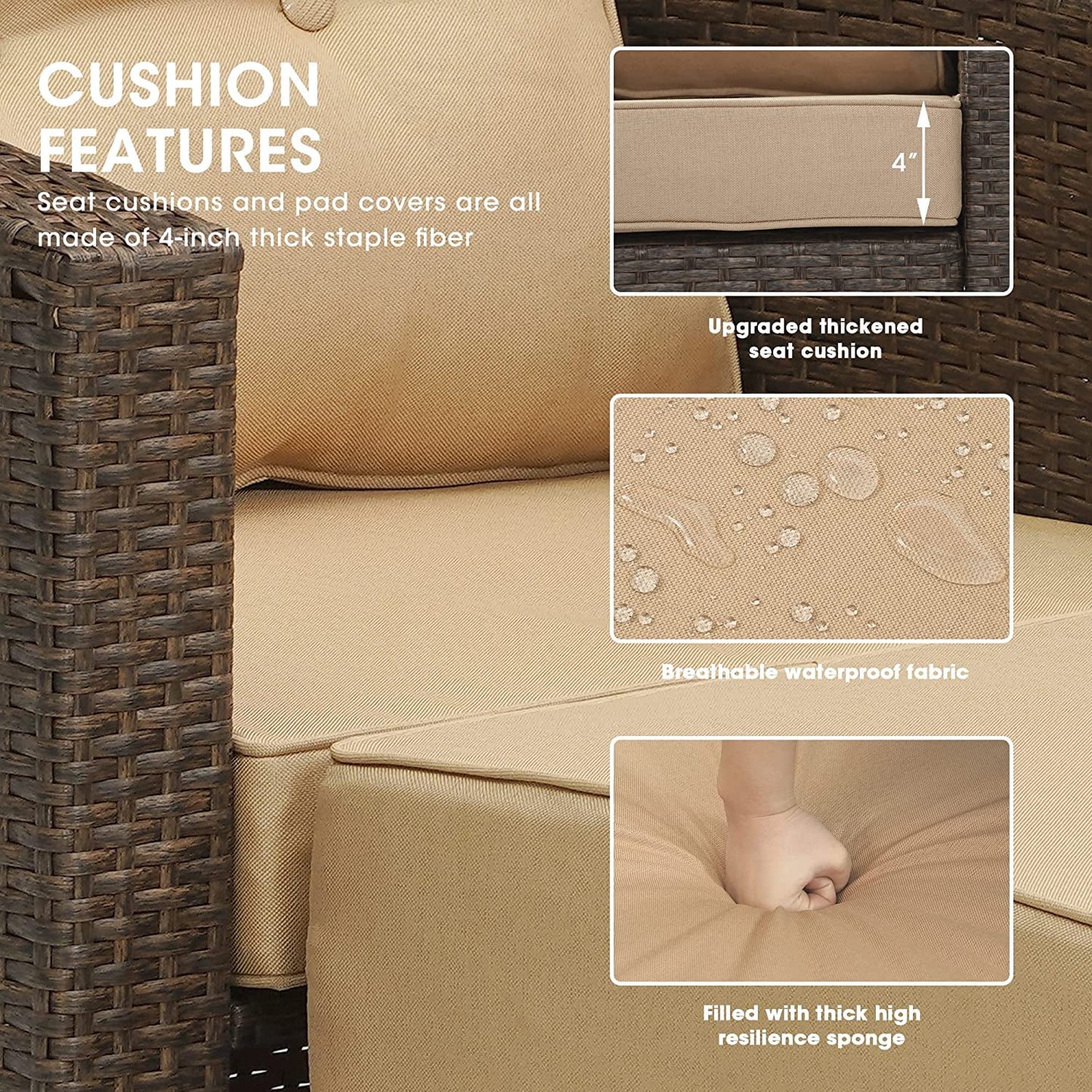 RoyalCraft Modular Collections Patio Sofa Chair with Ottoman, Outdoor Brown Rattan Lounger Sofa Chair Set with Seat and Back Cushions, Aluminum Frame