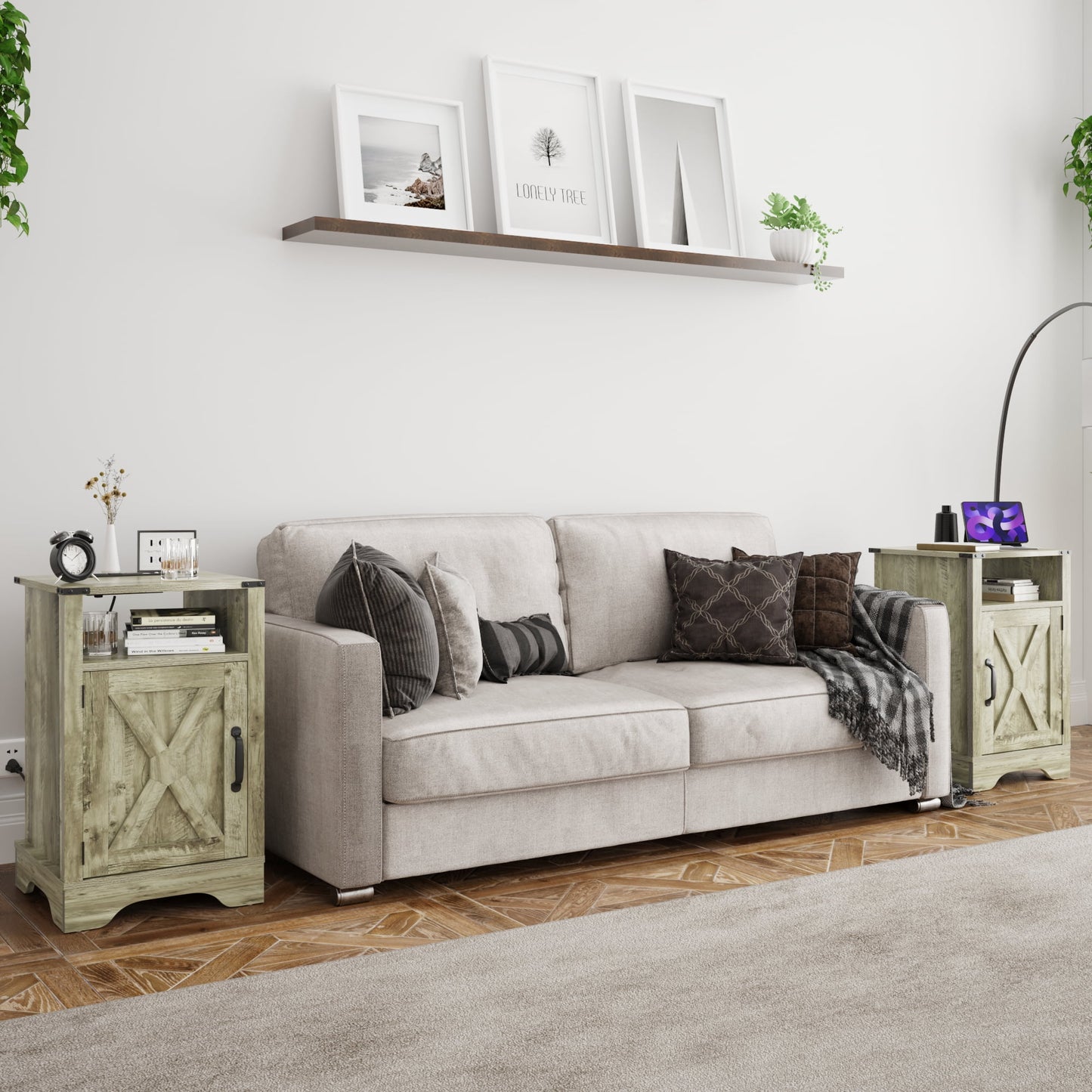 Superjoe 2Pcs Farmhouse Nightstand w/Charging Station, Wooden Rustic Tall Bedside Table, End Table w/Storage Shelf & Shelf for Bedroom, Living Room, Light Gray