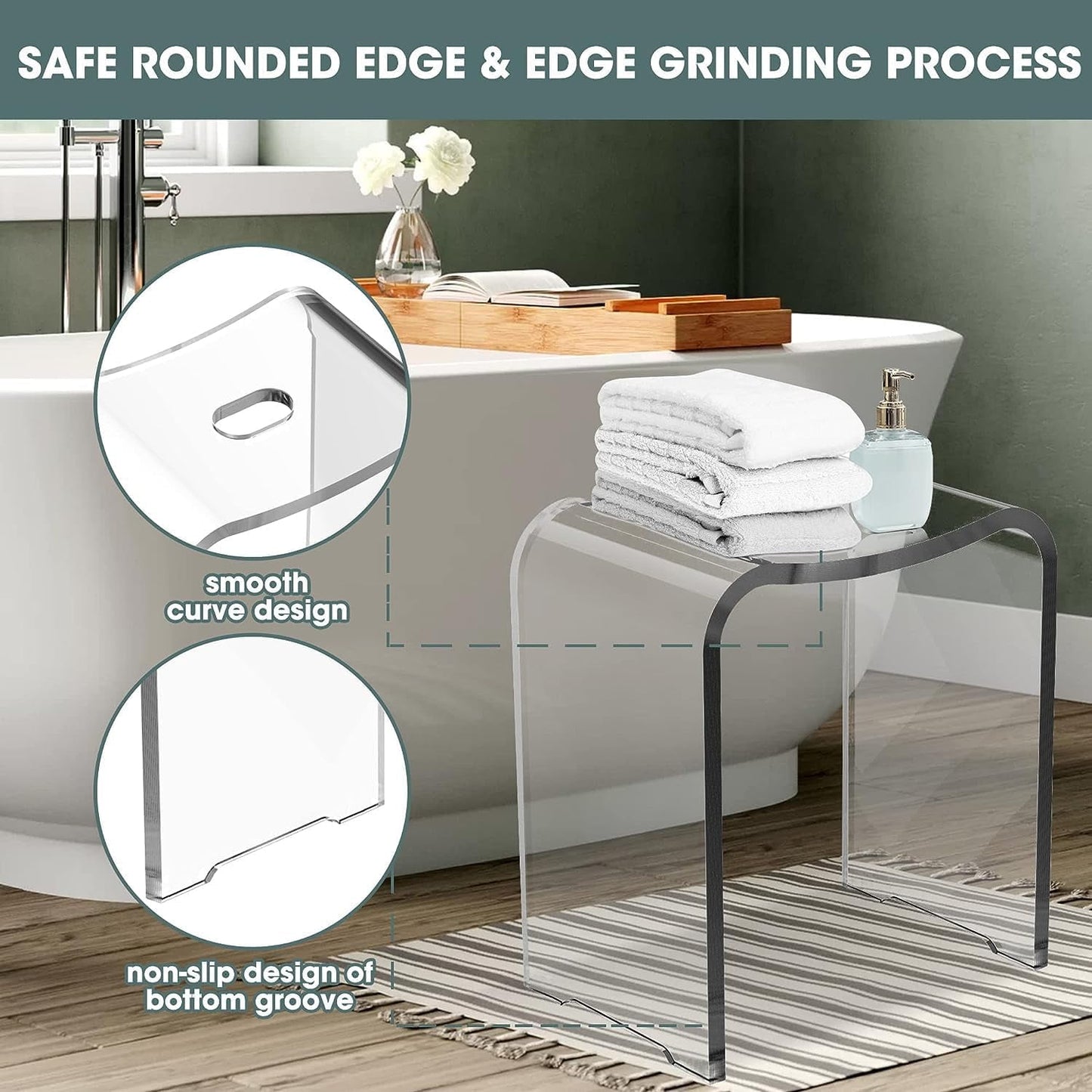 Royalcraft Acrylic Shower Bench, Clear Shower Stool for Inside Shower, Modern Shower Chair Bath Seat with Rounded Edge, 300lbs Weight Capacity