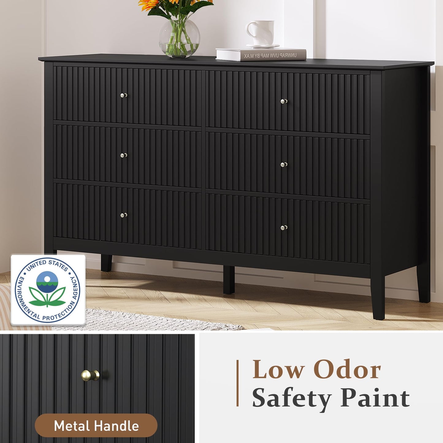 RoyalCraft Black 6 Drawer Dresser, Fluted Modern Wood Dresser, Double Chest of Drawers with Ball Bearing Slide, Long Dresser for Bedroom TV Stand Storage Cabinet for Living Room