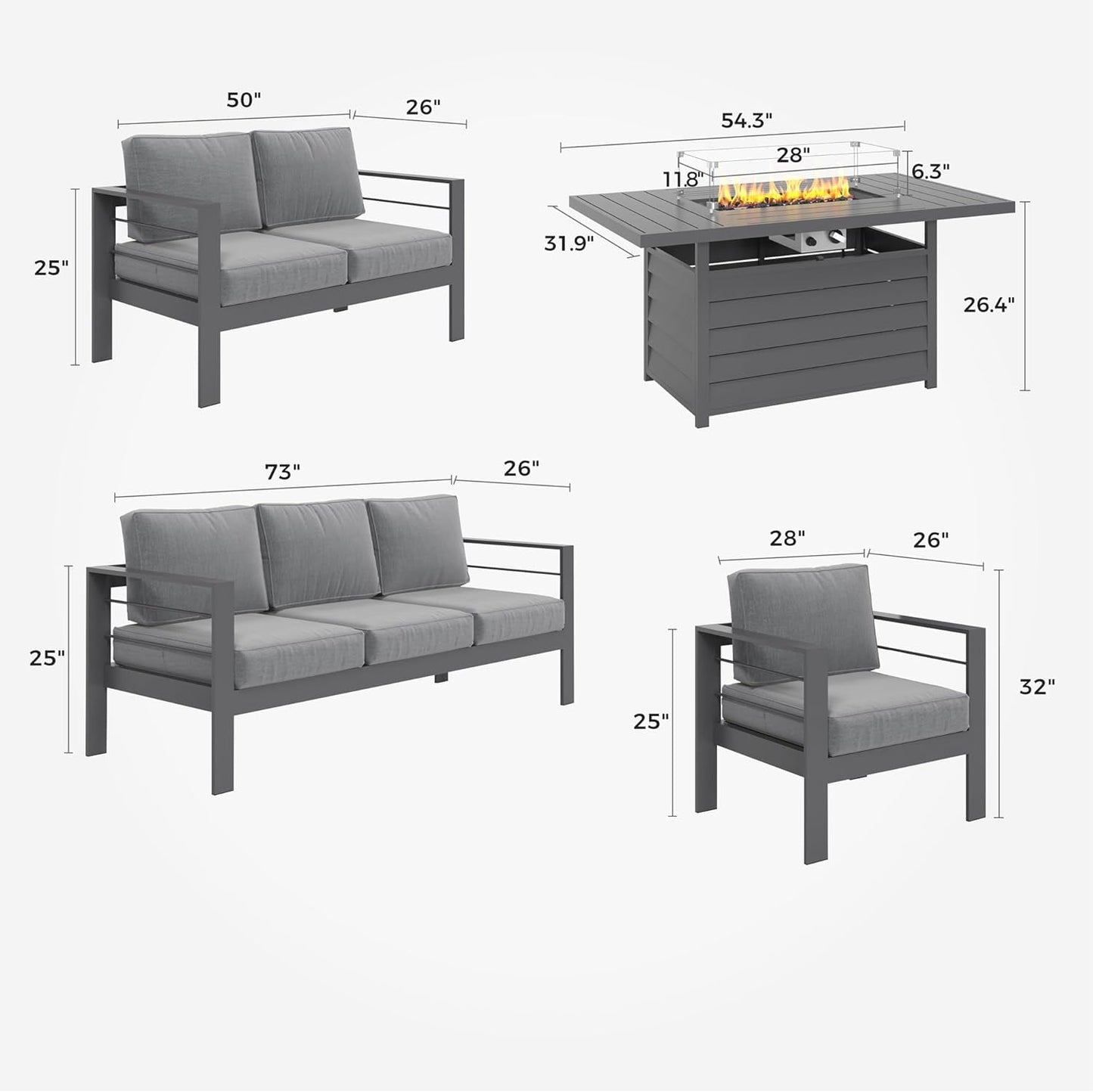 Mayincolor Aluminum Patio Furniture Set with Fire Pit Table, 5 Piece Metal Outdoor Furniture with Water-Resistant Cushions, Modern Patio Conversation Set for Balcony, Front Porch, and Backyard, Grey