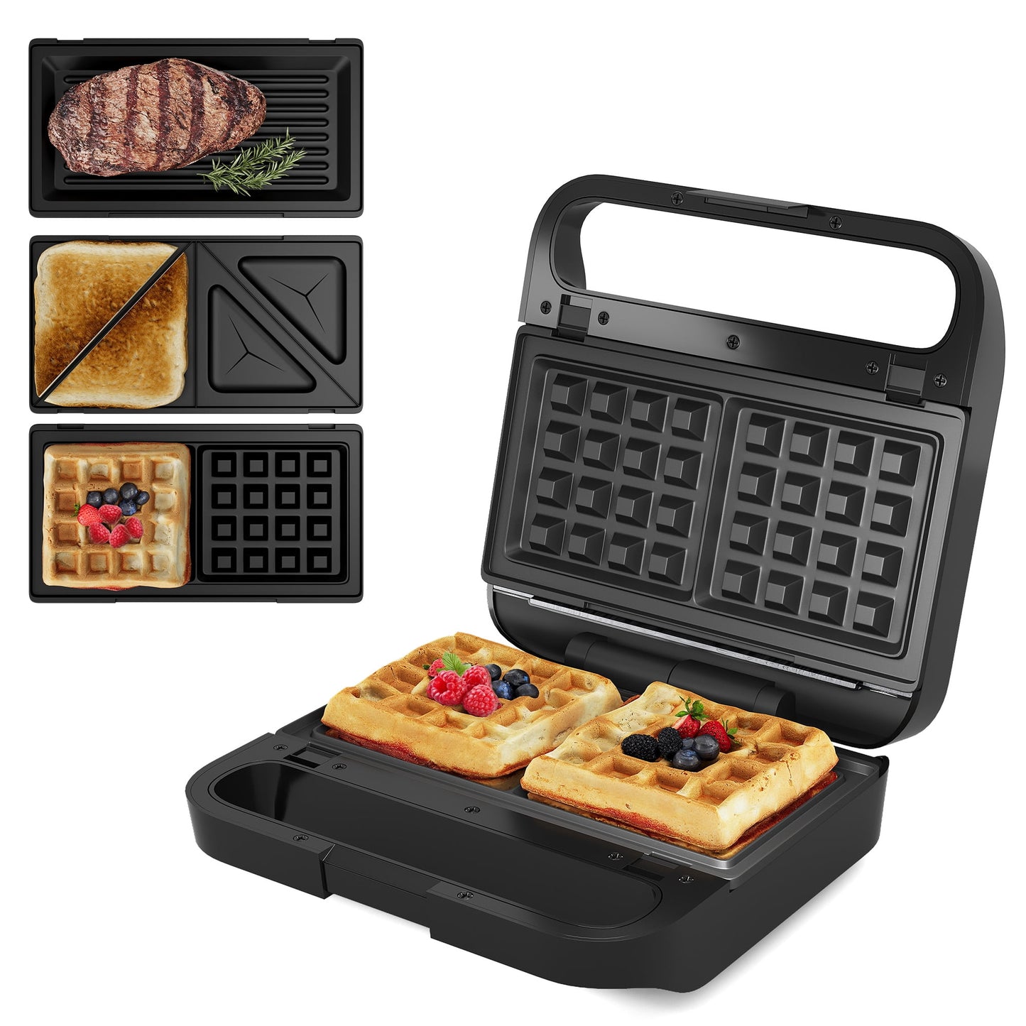 Royalcraft 3-in-1 Electric Sandwich Maker & Waffle Grill, 850W Panini Press with Non-Stick Removable Plates & Tempered Glass Top, Cool Touch Handle, Easy to Clean, Black