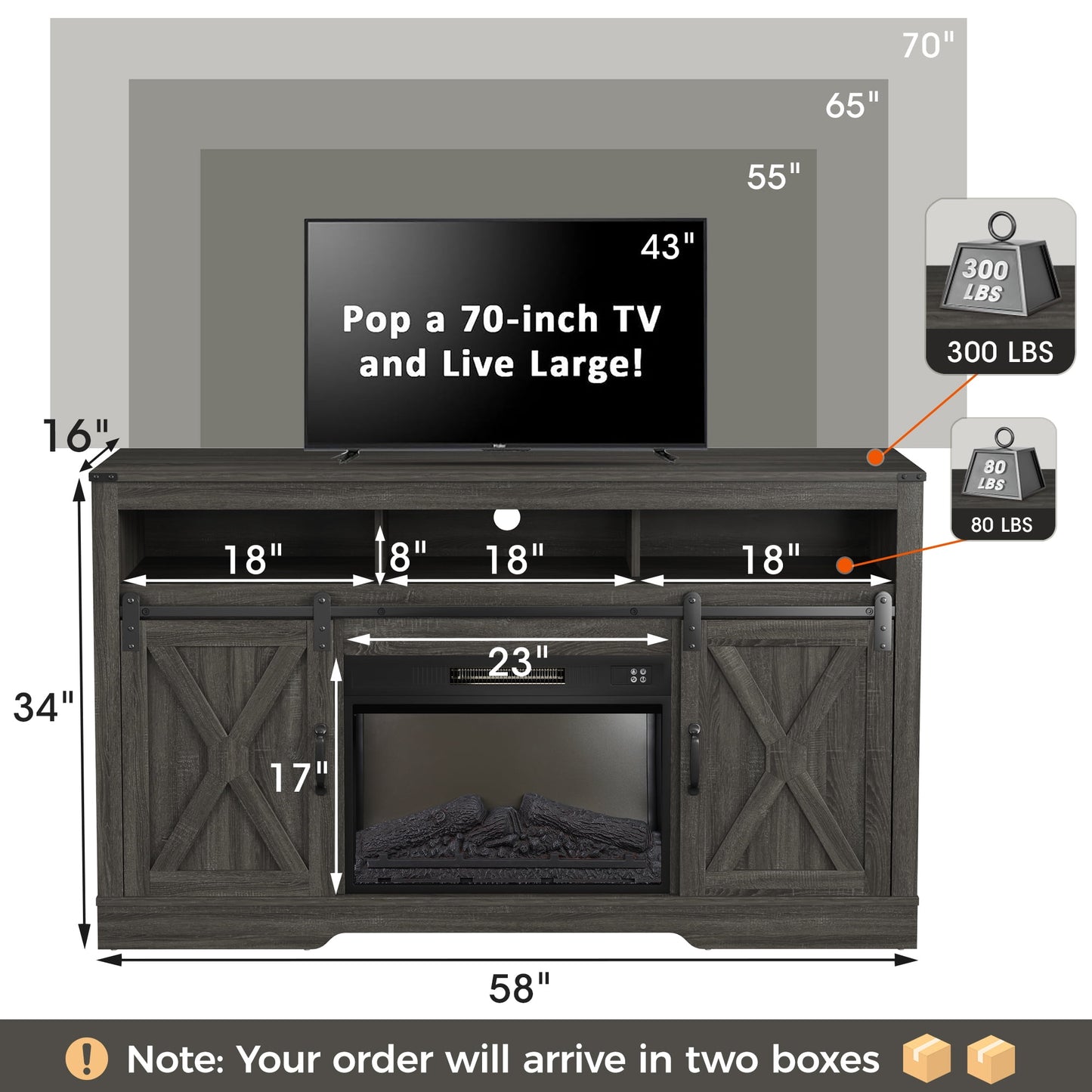 Mayincolor Fireplace TV Stand for 65+ inch, Farmhouse Entertainment Center with 23" Electric Fireplace with Remote, Modern Rustic TV Console Storage Cabinet with Sliding Bar Door , Dark Grey