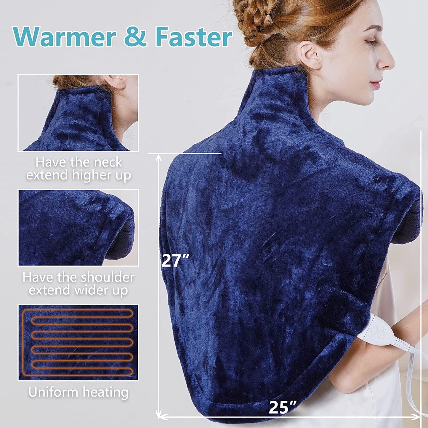 Large Electric Heating Pad for Pain Relief with with 2 Hours Auto Shut Off, 3 Heat Settings, 25"x25", Blue