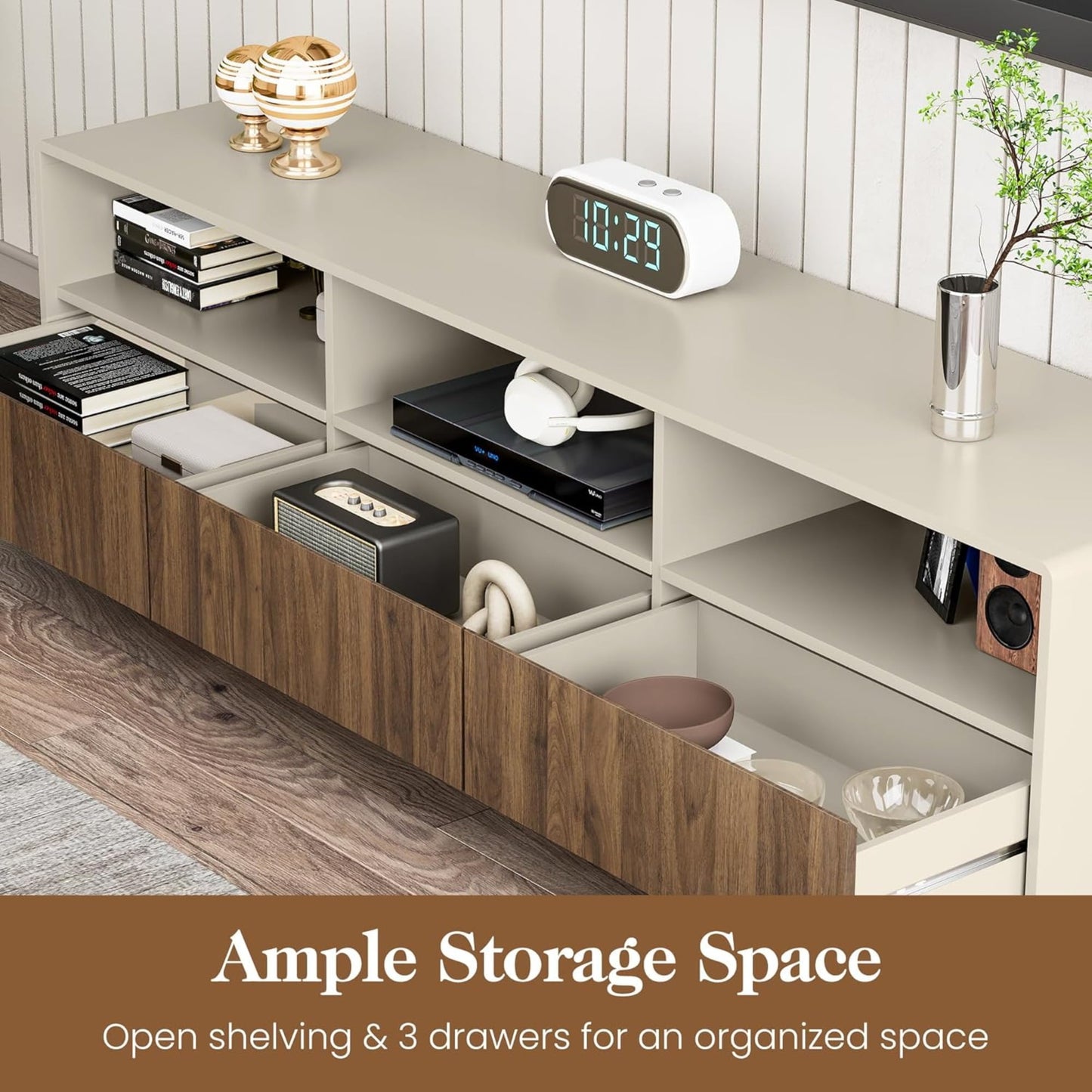 CozyHome 70" Large TV Stand with Storage and Led Lights, Console Table with 3 Drawers, TV Entertainment Center for up to 75" Television, Wood TV Media Cabinet for Living Room Bedroom, Beige & Walnut