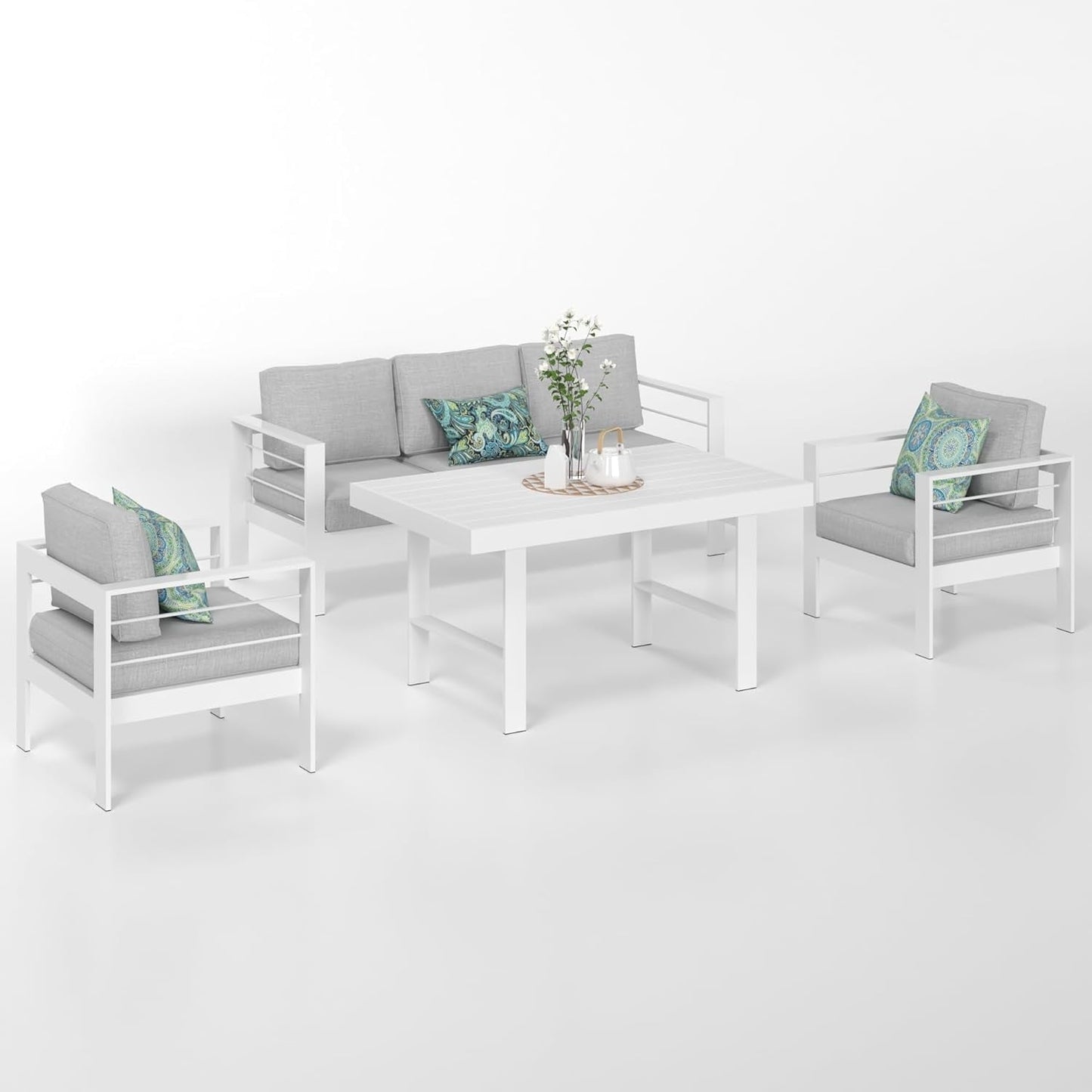 RoyalCarft Aluminum Patio Furniture Set, 4 Pcs Modern Outdoor Conversation Set Couch Sofa with Upgrade Cushion and Dining Table,White