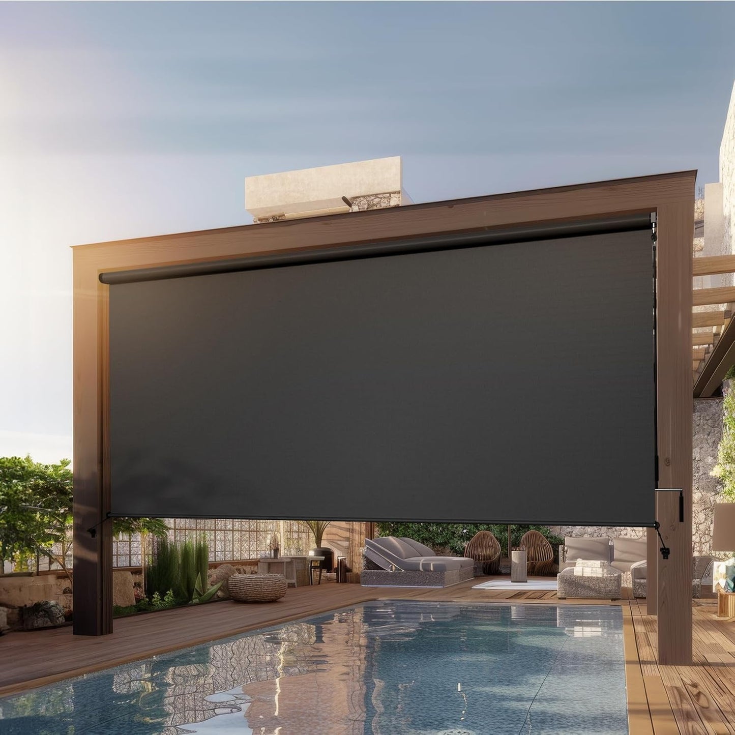 Outdoor Roller Shades for Patio New Material with 95% UV Protection, Cordless Patio Shades Roll Up Outdoor Blinds with Crank Handle for Shading, Protect Privacy, No Valance, (6' W X 8' L), Black