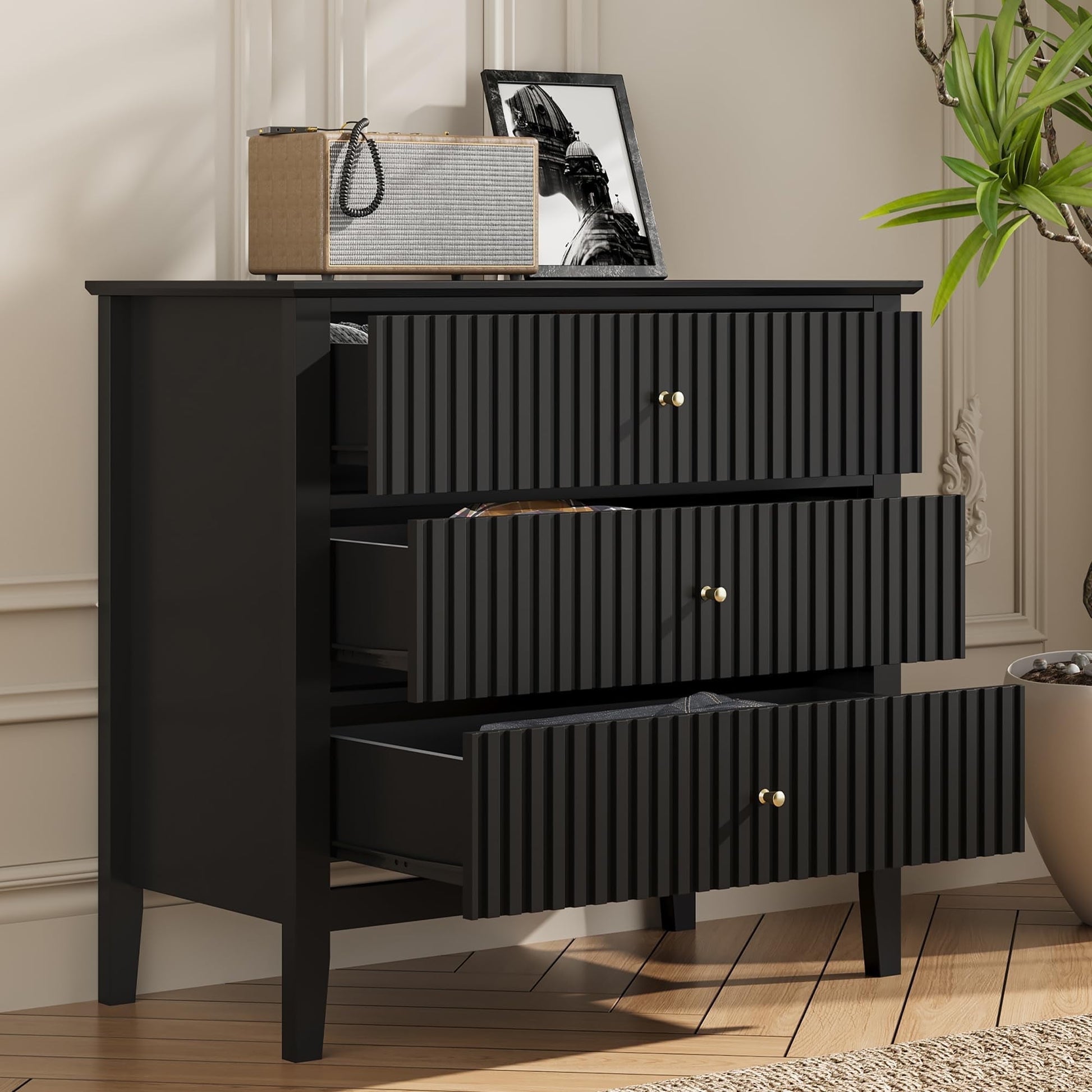 32" Black Fluted Dresser Nightstand, Wide Modern 3 Drawer Wooden Chest RoyalCraft 32" Black Fluted Dresser Nightstand, Wide Modern 3 Drawer Wooden Chest RoyalCraft