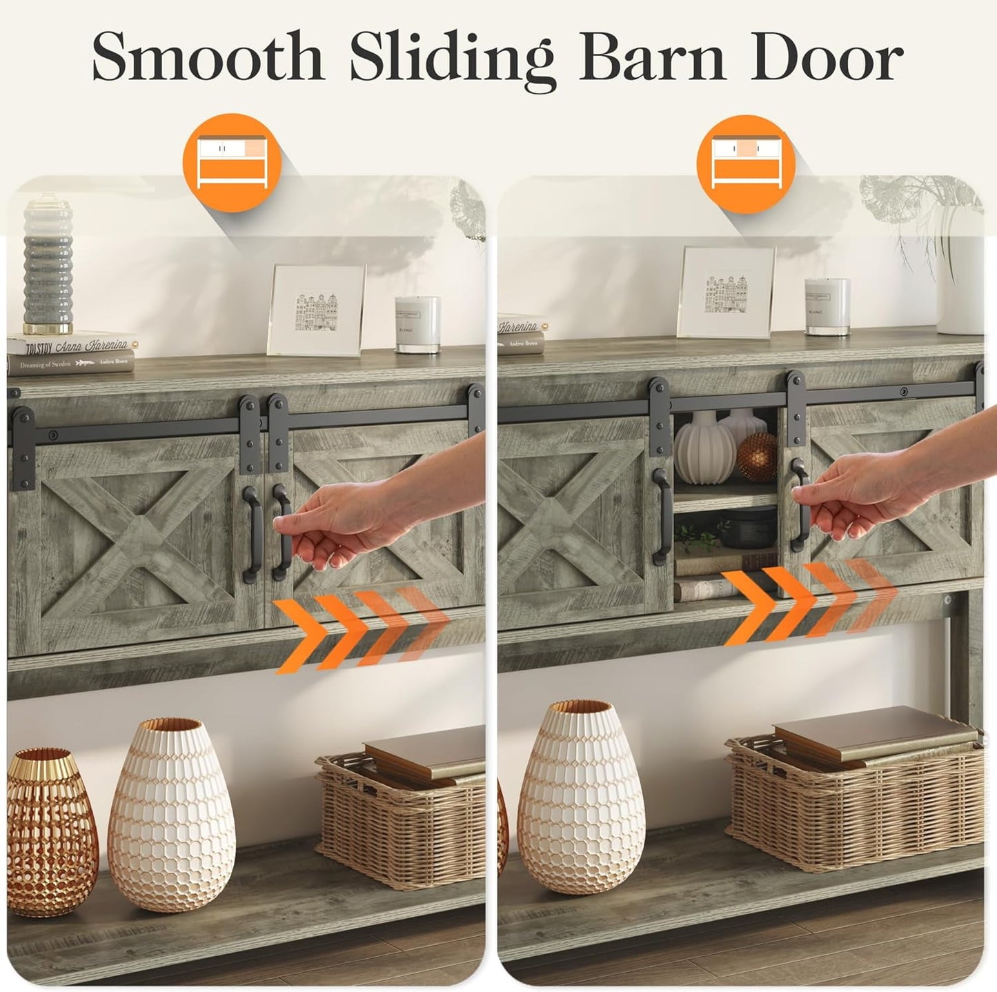 Royalcraft Entryway Table with Storage Cabinets, 46" Modern Farmhouse Console Table with Sliding Barn Door, Wood Rustic Sofa Table with Adjustable Shelf for Hallway, Living Room, Foyer, Light Grey