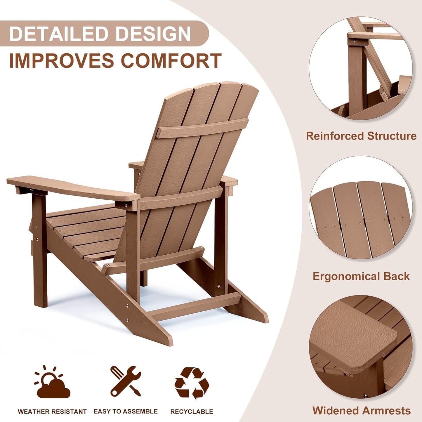 Royalcraft Adirondack Chairs, Weather Resistant Hips Plastic Fire Pit Chairs, Modern Poly Adorondic Outside Chairs, 350 LBS Adirondack Chair for Easy Assembly, White