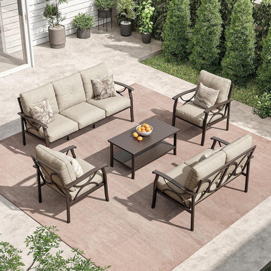 Royalcraft Outdoor Patio Furniture Set, 5 Piece Patio Conversation Set with Coffee Table, Metal Furniture Set for Porch Backyard Garden, Coffee