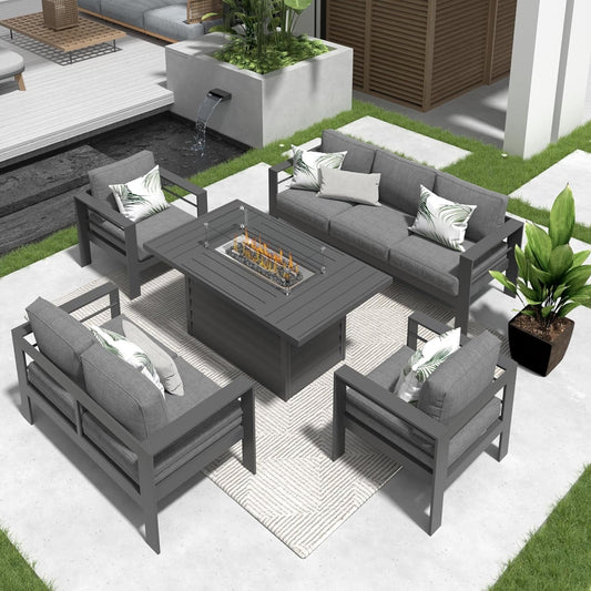 RoyalCarft Aluminum Patio Furniture Set with Fire Pit Table, 5 Piece Metal Outdoor Furniture with Water-Resistant Cushions, Modern Patio Conversation Set for Balcony, Front Porch, and Backyard, Grey
