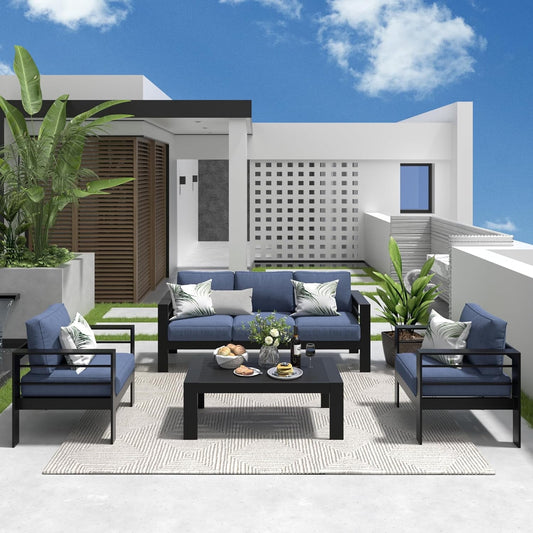 RoyalCarft Aluminum Patio Furniture Set, 4 Pcs Modern Outdoor Conversation Set Sectional Sofa with Upgrade Cushion and Coffee Table,Black Frame and Blue Cushion
