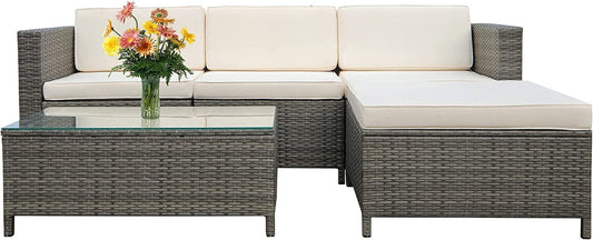 Mayincolor 5 Piece Outdoor Patio Sectional Furniture Set, Weather Resistant Rattan Outside Couch, Waterproof Conversation Sofa for Balcony, Porch, Backyard, Deck, Garden,Beige