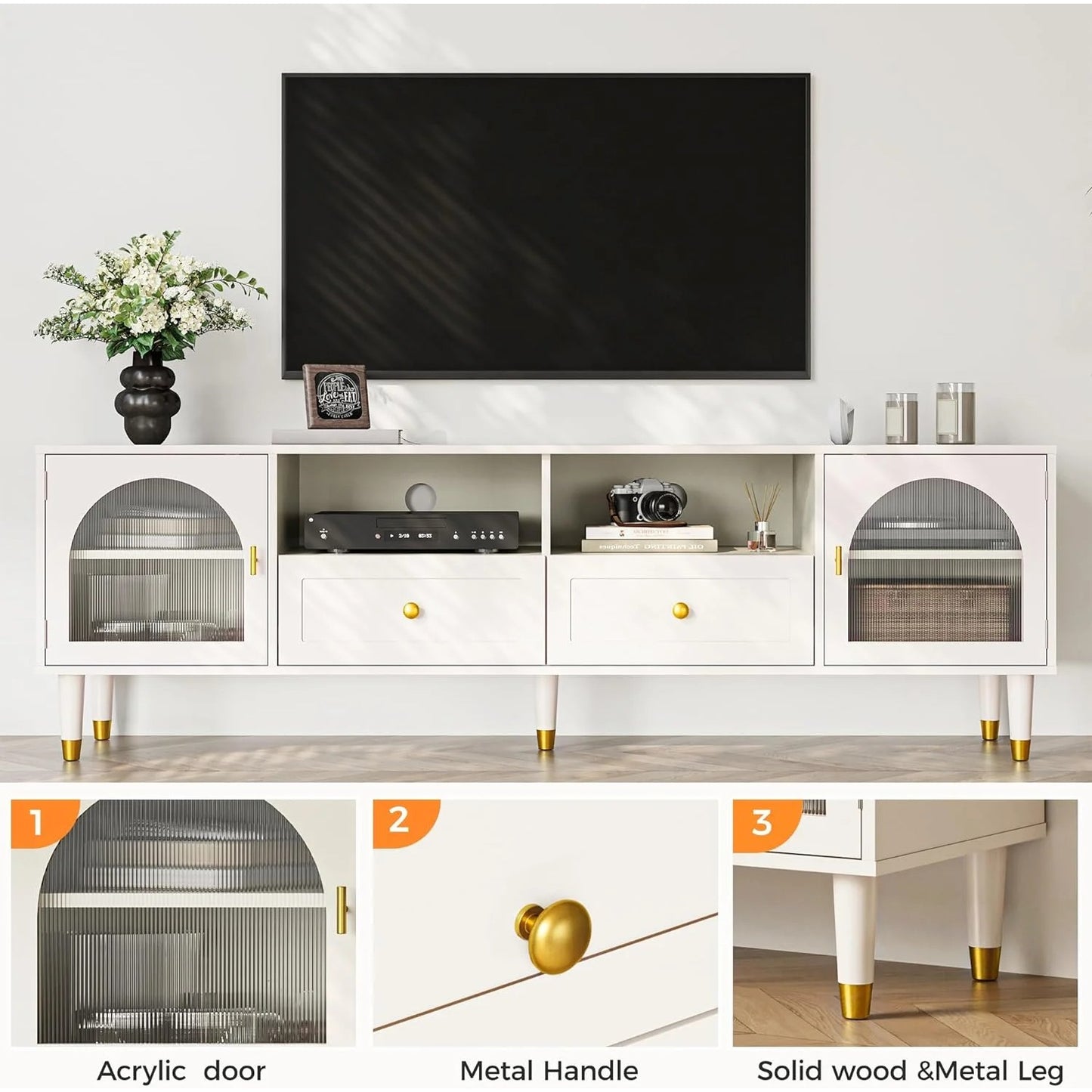 RoyalCraft Mid Century Modern TV Stand for 70 Inch TV, Entertainment Center with Acrylic Doors & Drawers, Wood TV Cabinet with Storage, TV Consoles for Living Room, Bedroom, White