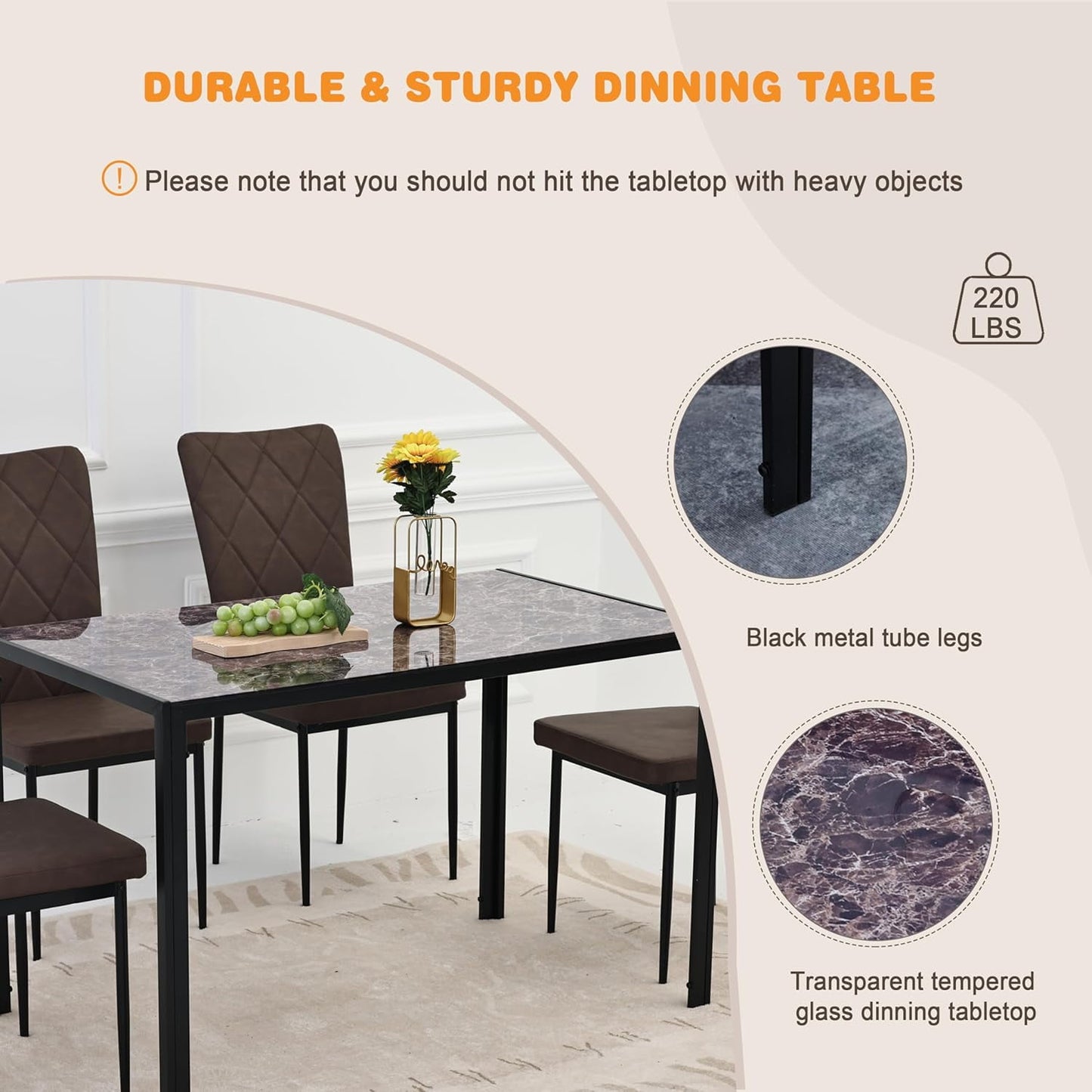 CozyHome 47" Dining Table for 2-4People, Rectangular Kitchen & Dining Room Tables, Brown Industrial Glass Style Apartment Dinning Room Dinette Tables for Eating Dinner
