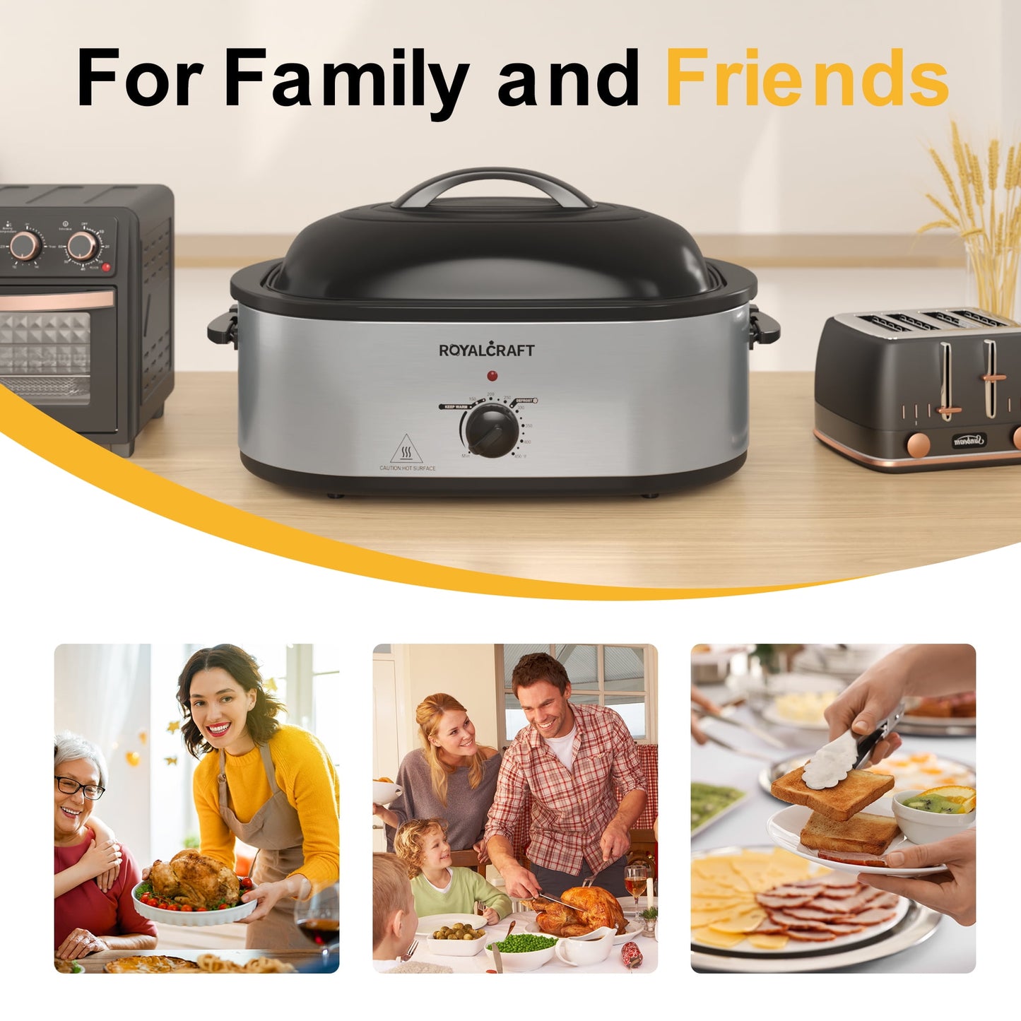 RoyalCraft 26 Quart Electric Turkey Roaster Oven with Visible Glass Lid, with Removable Pan & Rack, Stainless Steel, White