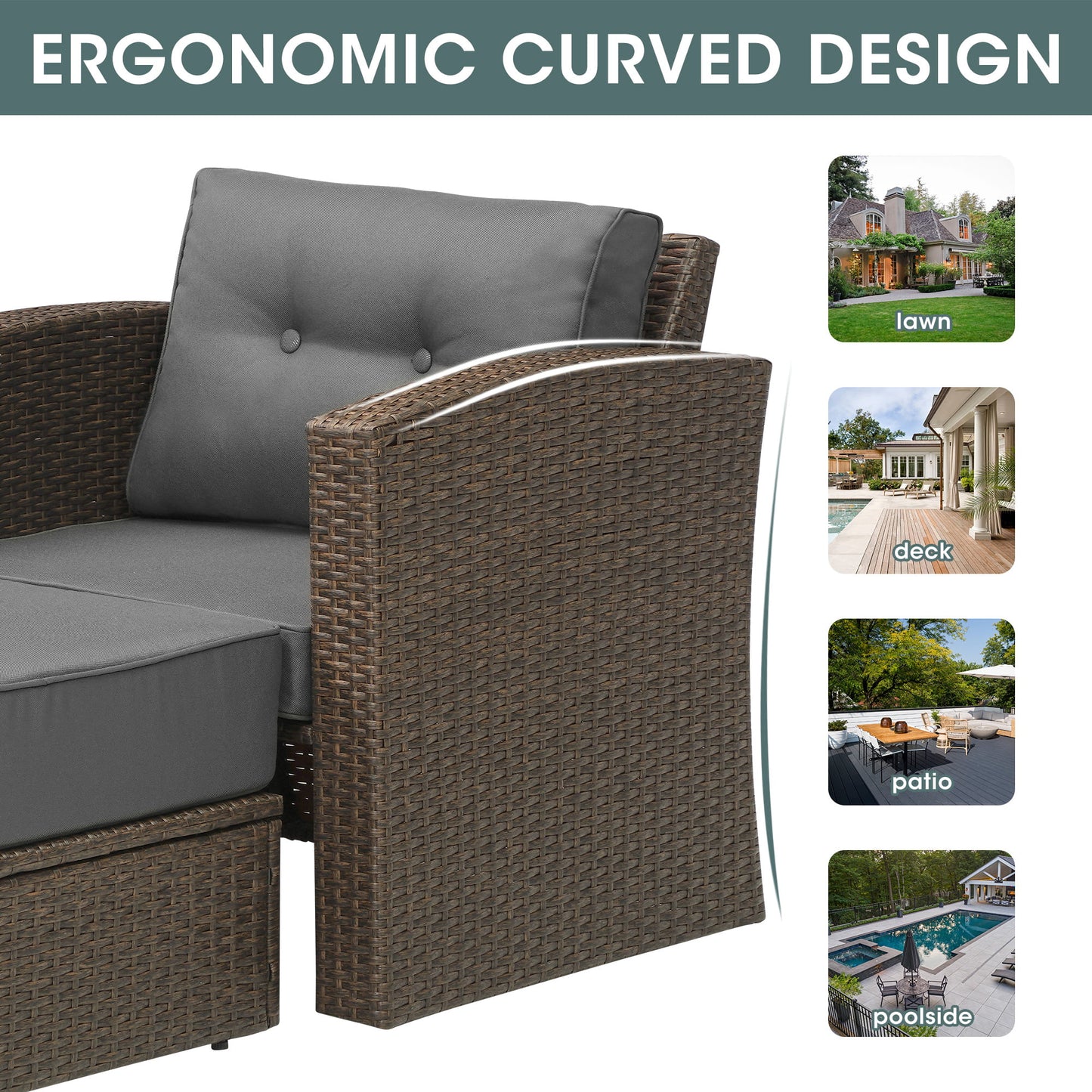 Royalcraft 4 Pieces Wicker Furniture Single Chair with Ottoman,All-Weather Brown Rattan Outdoor ArmChair Sofa Set with Dark Grey Non-slip Cushions,Aluminum Frame