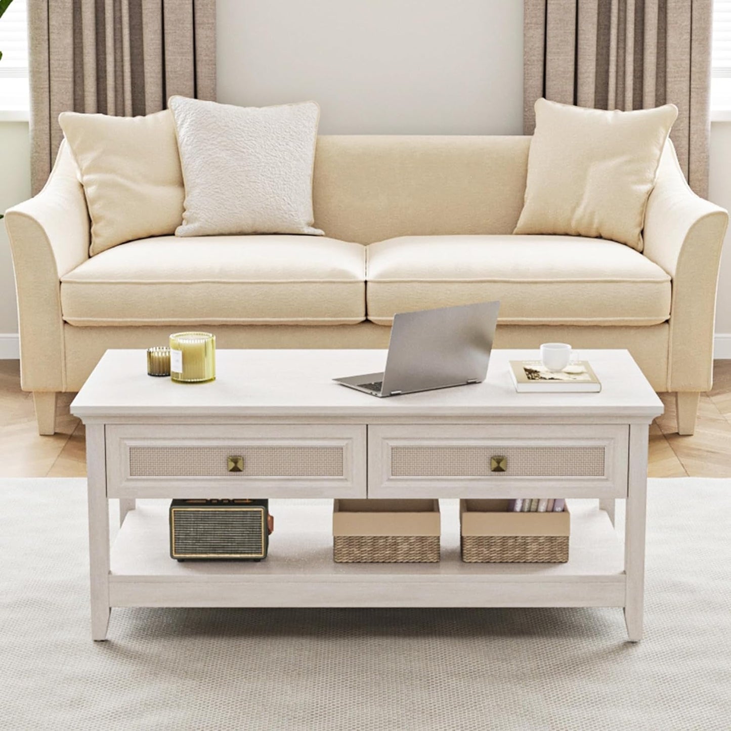 Superjoe 44" Rattan Farmhouse Grey Table with 2 Drawers, Boho 2 Tier Tea Table, Accent Center Sofa Table with Storage Shelf, Grayish White