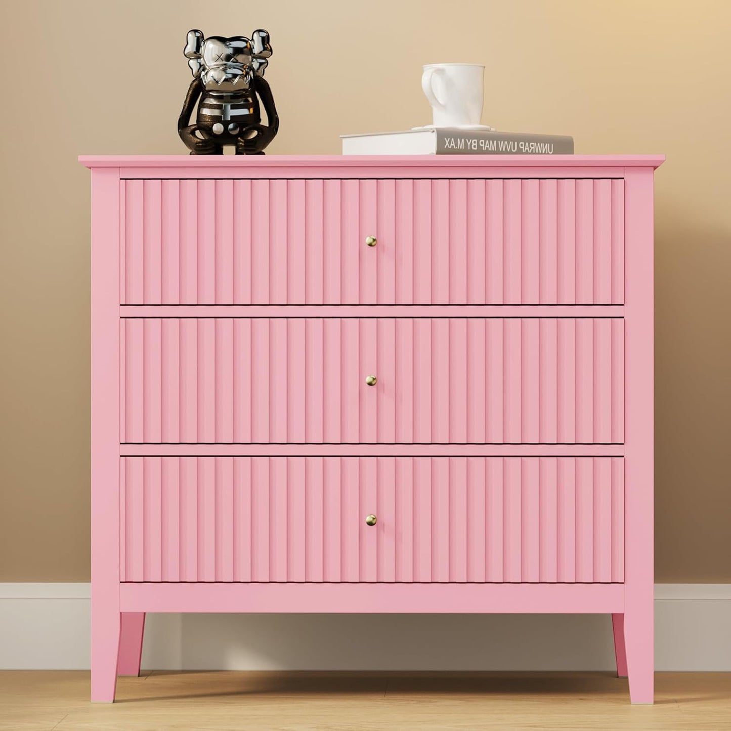 Mayincolor Fluted 32ch Wide Nightstand for Bedroom, Large Pink Nightstand with 3 Drawer, Modern End Table, Wood Beside Table for Home and Office
