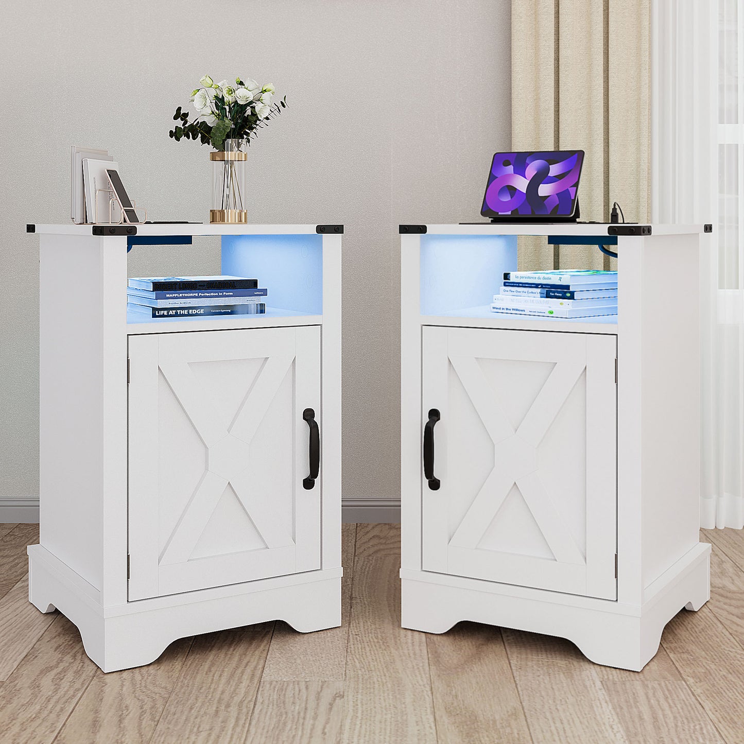 LED Nightstand Set of 2 with Charging Station, Farmhouse Wooden Side Table, Bedside Table with Storage Cabinet and Shelf, Rustic End Table for Bedroom, Living Room