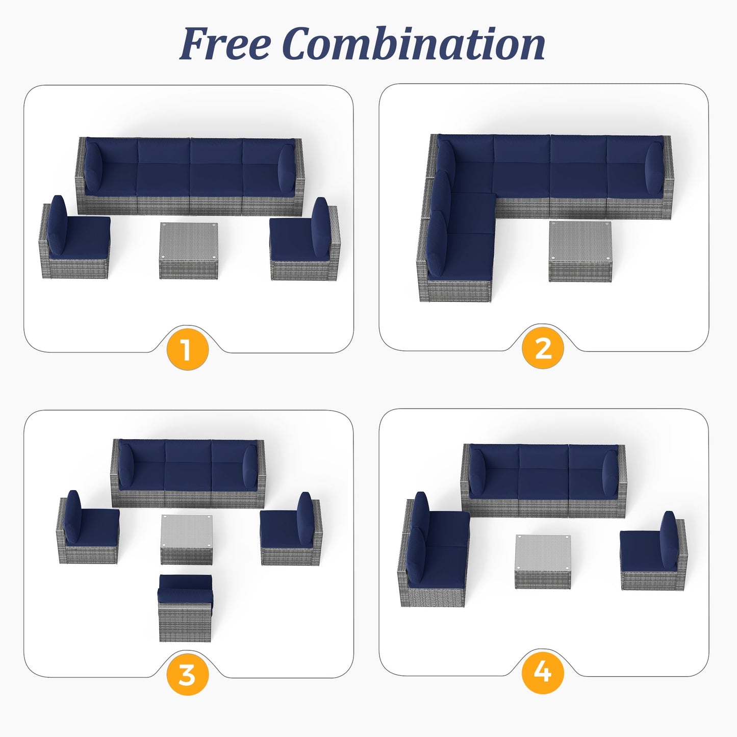 Royalcraft 7 Pieces Outdoor Conversation Set, All-Weather Wicker Rattan Sectional Sofa Set with Cushions & Coffee Table, Blue