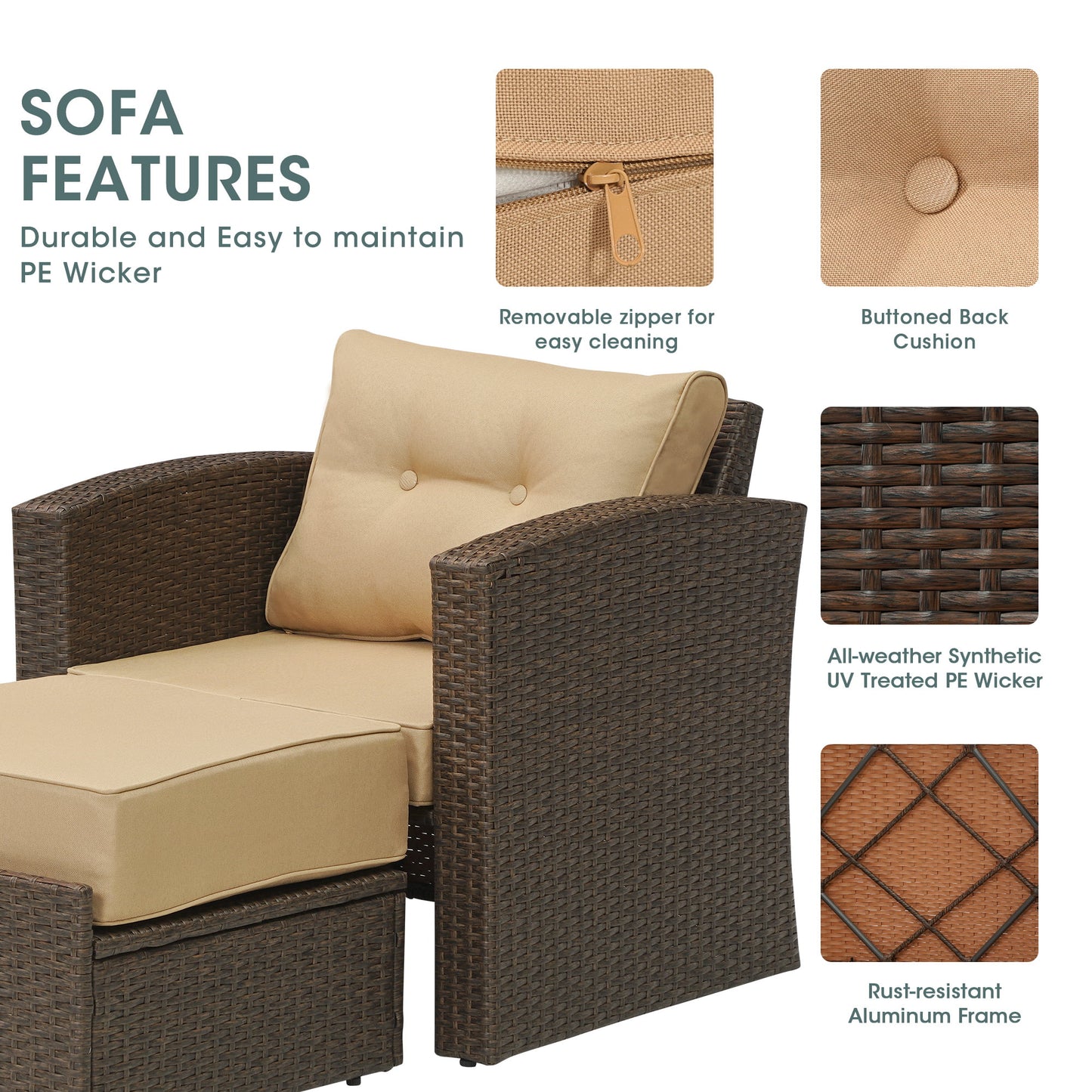 Royalcaft 2 Piece Outdoor Patio Wicker Armchairs, All Weather Outside Rattan Chair Patio Furniture Set with Blue Cushions