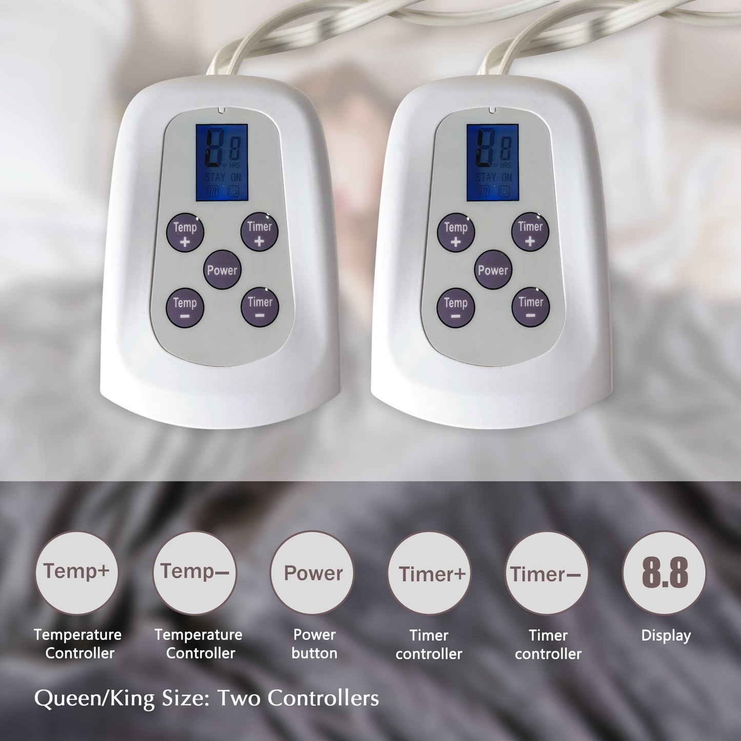 SUNVIVI Electric Blanket King Size with Dual Controllers,10 Heating Levels& 12 hours Auto-off,Overheat Protection,Blue