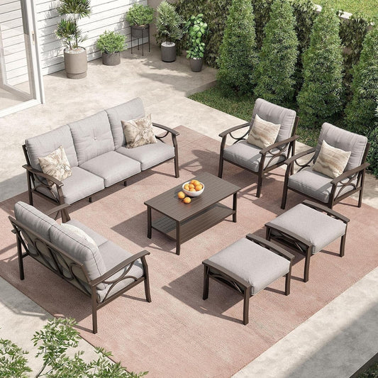 Outdoor Patio Furniture Set, 7 Piece Patio Conversation Set with Coffee Table and Ottomans, Metal Furniture Set for Porch Backyard Garden, Grey